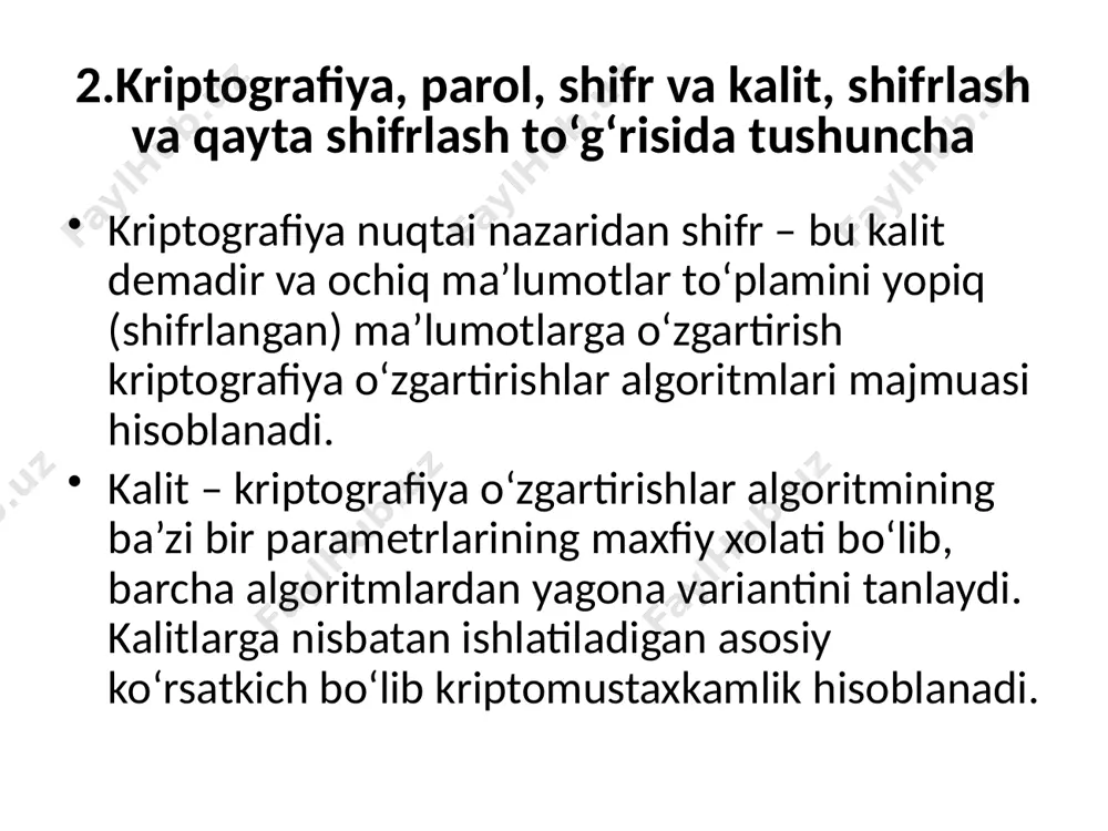 - очиқ калит кв абонент а га ва қолган абонентларга жўнатилади. 2. а ва в абонентлар ўртасида ахборот алмашиш: - абонент а абонент внинг очиқ калити квёрдамида ахборотни шифрлайди ва шифрматнни абонент вга жўнатади; - абонент в ўзининг махфий калити kвёрдамида ахборотни расшифровка қилади. хеч ким (шу жумладан абонент а хам) ушбу ахборотни расшифровка қила олмайди, чунки абонент в нинг маҳфий калити унда йўқ. а симметрик криптотизимда ахборотни ҳимоялаш ахборот қабул қилувчи калити kвнинг маҳфийлигига асосланган. асимметрик криптотизимларнинг асосий xусусиятлари қуйидагилар: 1.очиқ калитни ва шифр матнни ҳимояланган канал орқали жўнатиш мумкин, яъни нияти бузуқ одамга улар маълум бўлиши мумкин. 2.шифрлаш ев: м  c ва расшифровка қилиш db: с  m алгоритмлари очиқ. шифрлаш усуллари 5-расм:шифрлаш усулларининг туркумланиши алмаштириш (подстановка) усулларининг моҳияти бир алфавитда ёзилган ахборот символларини бошқа алфавит символлари билан маълум қоида бўйича алмаштиришдан иборатдир. полиалфавитли алмаштириш усуллари айтарлича юқори крипто бардошликка эга. бу усуллар дастлабки матн символларини алмаштириш …