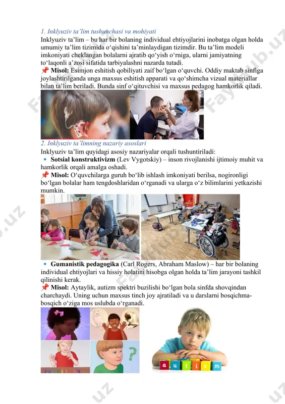 ushunchasi va mohiyati inklyuziv ta’lim – bu har bir bolaning individual ehtiyojlarini inobatga olgan holda umumiy ta’lim tizimida o‘qishini ta’minlaydigan tizimdir. bu ta’lim modeli imkoniyati cheklangan bolalarni ajratib qo‘yish o‘rniga, ularni jamiyatning to‘laqonli a’zosi sifatida tarbiyalashni nazarda tutadi. 📌 misol: esimjon eshitish qobiliyati zaif bo‘lgan o‘quvchi. oddiy maktab sinfiga joylashtirilganda unga maxsus eshitish apparati va qo‘shimcha vizual materiallar bilan ta’lim beriladi. bunda sinf o‘qituvchisi va maxsus pedagog hamkorlik qiladi. 2. inklyuziv ta’limning nazariy asoslari inklyuziv ta’lim quyidagi asosiy nazariyalar orqali tushuntiriladi: 🔹 sotsial konstruktivizm (lev vygotskiy) – inson rivojlanishi ijtimoiy muhit va hamkorlik orqali amalga oshadi. 📌 misol: o‘quvchilarga guruh bo‘lib ishlash imkoniyati berilsa, nogironligi bo‘lgan bolalar ham tengdoshlaridan o‘rganadi va ularga o‘z bilimlarini yetkazishi mumkin. 🔹 gumanistik pedagogika (carl rogers, abraham maslow) – har bir bolaning individual ehtiyojlari va hissiy holatini hisobga olgan holda ta’lim jarayoni tashkil qilinishi kerak. 📌 misol: aytaylik, autizm spektri buzilishi bo‘lgan bola sinfda shovqindan …
