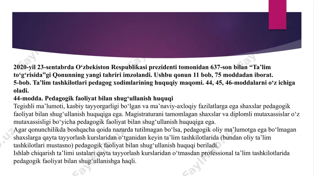 lik qilish, kuzatish, talab qilish, ko‘rsatma berishlari o‘z ichiga oladi. ta'lim-tarbiyada donishmand va mo‘tafakkirlarning, xalqimizning milliy ma'naviy qadriyatlariga tayanish muhim ahamiyaiga ega. uchinchidan, ta'lim-tarbiya jaryonidagi o‘zgarishlar tinglovchilar yoshlar oldiga ham muhim vazifa kuyadi. ular izlash, keraqli bilimlarni mustaqil kidirib topish, axborot to‘plash va ularni ishlata bilishlari bilan bog‘liq. pedagogik innovatsiya tadqiqotchilari innovatsiya jarayonining ikki tipini o‘zaro farqlaydilar. ular; 1. innovatsiyaning birinchi tipi stixiyali o‘tadi, ya’ni innovatsion jarayonda unga bo‘lgan ehtiyoj hisobga olinmaydi, uni amalga oshirishning barcha shart sharoitlari tizimi, usullari va yo‘llariga ongli munosabat bo‘lmaydi. 2. innovatsiyaning ikkinchi tipi ongli, ilmiy asoslangan faoliyat mahsuli hisoblanadi. oliy maktab innovatsion jarayonlari negizida quyidagi yondashuvlarni belgilashimiz mumkin bo‘ladi: − madaniyatshunoslik jihatidan (insonni bilishning ustuvor rivojlanishi) yondashuv; − shaxsiy faoliyat jihatidan (ta’limdagi yangi texnologiyalar) yondashuv; − ko‘p subyektli (dialogik) yondashuv, kasbiy tayyorgarlikni insonparvarlashtirish; − individual-ijodiy (o‘qituvchi va talaba-o‘quvchilarning o‘zaro munosabatlari) yondashuv. o‘qituvchi va talaba-o‘quvchi o‘rtasidagi muloqot namunasining o‘zgarishi innovatsion faoliyat shartlaridan biridir. yangi munosabatlar …