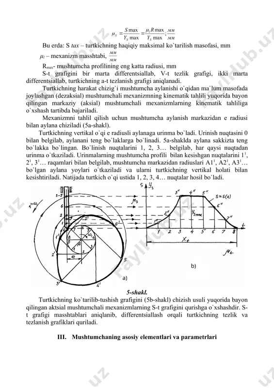 bo`linish nuqtalarini 1, 2, 3… belgilab, har qaysi nuqtadan urinma o`tkaziladi. urinmalarning mushtumcha profili bilan kesishgan nuqtalarini 11, 21, 31… raqamlari bilan belgilab, mushtumcha markazidan radiuslari а11, а21, а31… bo`lgan aylana yoylari o`tkaziladi va ularni turtkichning vertikal holati bilan kesishtiriladi. natijada turtkich o`qi ustida 1, 2, 3, 4… nuqtalar hosil bo`ladi. 5-shakl. turtkichning ko`tarilib-tushish grafigini (5b-shakl) chizish usuli yuqorida bayon qilingan aktsial mushtumchali mexanizmlarning s-t grafigini qurishga o`xshashdir. s-t grafigi masshtablari aniqlanib, differentsiallash orqali turtkichning tezlik va tezlanish grafiklari quriladi. iii. mushtumchaning asosiy elementlari va parametrlari mushtumchali mexanizmlarda turtkichning harakat qonuni mushtumcha profiliga bog`liqdir. mushtumcha aylanish o`qiga tik o`tkazilgan tekislikdagi qirqimning egri chizig`i. 1–amaliy (ishchi) profil bo`lib, bir xil masofadan o`tuvchi egri chiziq 2–nazariy (markaziy) profil deb ataladi (6-shakl). tekislikda rolikni amaliy profil bo`ylab sirpantirmasdan dumalatilsa, а markaz nazariy profilni chizadi. normal bo`ylab nazariy va amaliy profildagi nuqtalar orasi doimo rolikning r – radiusiga teng. 6-shakl. 7-shakl. nazariy profil nuqtalarining …