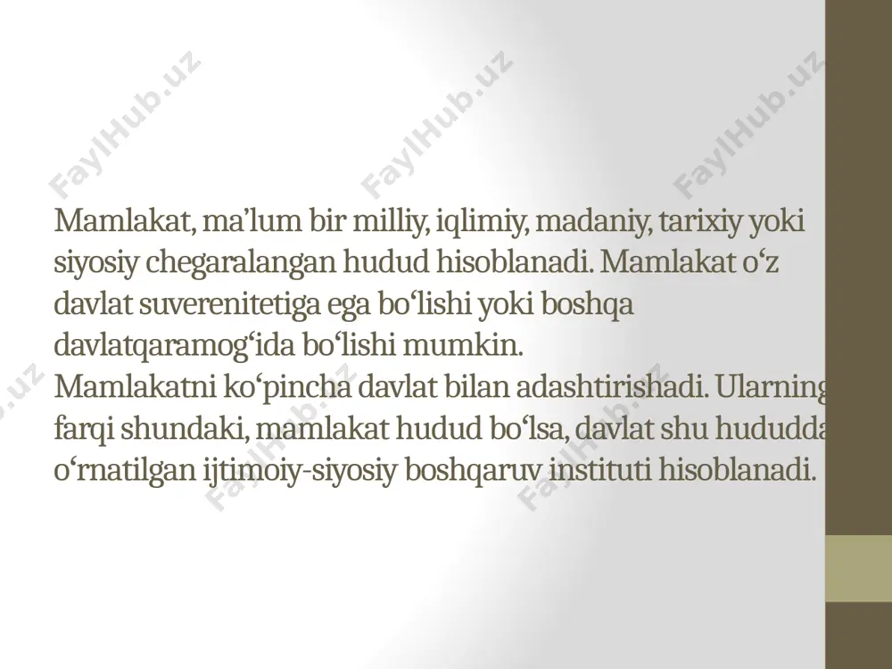 etilishi umumiy majburiy boʻlgan normalar, hulq-atvor qoidalari. soliqlarning mavjudligi. aholidan davlat apparatini saqlash hamda aholining kam taʼminlangan qismiga yordam berishga sarflanadigan soliqlarni toʻplash. umuminsoniy funksiyalarni bajarish. hududni qoʻriqlash, jinoyatshilikka qarshi kurash, umumiy farovonlik maqsadlarini amalga oshirish. davlat qurilishida d. shakli katta rol oʻynaydi. yangi d.lar tashkil topayotganda uning shakli toʻgʻri tanlanishi, joriy etilishi muqimdir. d. shakli boshqaruv shakli, d. tuzilishi shakli va siyosiy idora usuli (tartib, rejim) tushunchalarini oʻz ichiga oladi. d. boshqaruv shakli — d. hokimiyati va boshqaruvni tuzish hamda tashkil etishning muayyan tartibidir. boshqaruv shaklining eng qad. va xrz. kunga qadar rivojlanib kelayotgan shakli monarxiya va respublikanku. monarxiya koʻproq qad. sharq, shu jumladan, turon zaminida tashkil topgan d.lar shakli edi. monarxiyaningoʻzi ham mutlaq monarxiya vacheklangan monarxiya koʻrinishlariga ega. mutlaq monarxiya d.larida d. boshligʻining hukuqi cheklanmagan, hokimiyat muddatsiz, taxt meros sifatida avloddan avlodga oʻtadi, d. boshligʻining ustidan nazorat yoʻq va u hech kimga hisobot bermaydi. oʻzbekistonda d. va huquq …