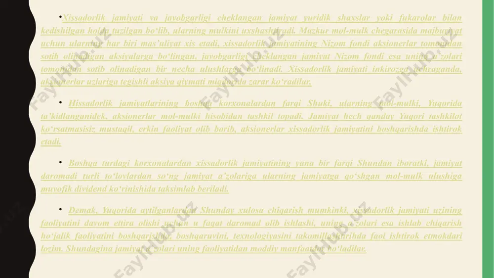 da-nizom kapitali nominali bo‘yicha aksiyalar jami qiymatiga muvofiq; mulkka jamoa egaligi bo‘lgan korxonalarda-barcha xodimlar ulushlari summasiga muvofiq; davlat korxonalarida-nizom kapitali davlat xo‘jaligini amalga oshirish uchun korxonaga biriktirib qo‘yilgan mol-mulk summasiga muvofiq; mas’uliyati cheklangan jamiyat(shirkat)larda - ta’sis xujjatlariga binoan mulkka egalik hissalari summasiga muvofiq; davlatga qarashli korxonalarda - nizom fondi miqdori uning xo‘jalik faoliyatini amalga oshirish uchun davlat tomonidan biriktirilgan mol-mulk summasiga muvofiq keladi. bu miqdor ta’sis hujjatlarida korxonani tashkil qilish va uning balansiga mol-mulkni o‘tkazish to‘g‘risidagi buyruqda qayd etilgan miqdorga mos kelishi kerak. turli xil qiymatdagi aksiyalar. aksiyalarning hisob qiymatini aniqlash. aksiyalarga nisbatan qo‘llanilayotgan «qiymati» so‘zi bir qancha ma’noni anglatadi. yuqorida ta’kidlab o‘tilganidek‚ nominal yoki e’lon qilingan qiymati firmaning yuridik kapitalini belgilaydi. korporatsiya aksiyalarining hisob yoki balans qiymati uning barcha aktivlari va majburiyatlar (qarzlar) ayirmasidan iborat; bu kompaniya aksiyadorlarining mulki yoki netto aktivlaridir. shunday qilib, bir dona aksiyaning hisob qiymati ulush egasiga qarashli bir dona aksiyani korporatsiyaning netto aktivlarini ifodalaydi. …