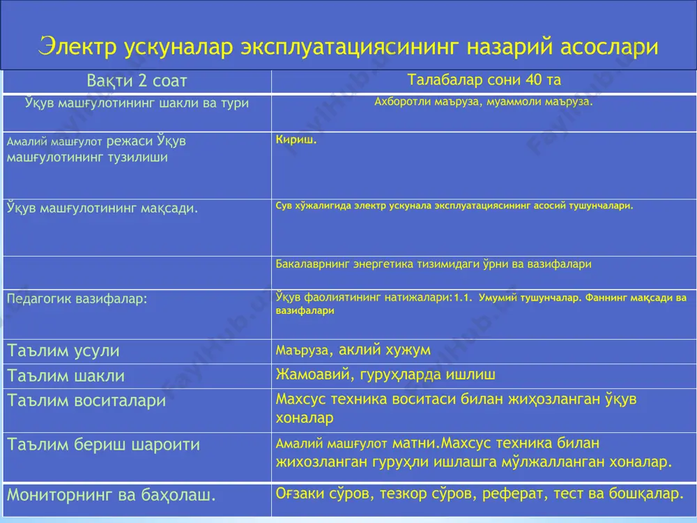 ектр ускуналарга сифатли электротехник хизмат кўрсатишни ташкил этиш зарур. ҳозирги кунда қишлоқ ва сув хўжалиги электр ускуналари, автоматлаштириш воситалари ва электр таъминот тизимининг ишончлилиги талаб даражасида эмас. электр энергетик тизим, жумладан электр ускуналар узлуксиз, технологик талаб режимлари бўйича ишлаб туриши учун электр ускуналар эксплуатацияси ва таъмирини тўғри ташкил қилиш, эскирган электр жиҳозларни таъмирлаб, янгиларига алмаштириш, ходимларни мунтазам равишда малакасини ошириш ва билимларини текшириб туриш зарур. қишлоқ ва сув хўжалигида электр ускуналар қувватидан фойдаланиш даражаси етарли эмас. электр ускуналар оптимал юкланмаслиги уларнинг энергетик кўрсаткичларини паст бўлаётганлигига олиб келади. электр ускуналарнинг эксплуатацион ишончлилигини ошириш учун мунтазам равишда уларни диагностика қилиб, профилактик техник қаров ва таъмир тадбирларини ўтказиб туриш зарур. техник қаров ва таъмир ишларига кетган ҳаражатлар янги электр ускуна нархидан 10…100 марта кам бўлиб, ўз ҳаражатларини қисқа вақтда қоплайди. электр ускуналарнинг узлуксиз ва ишончли ишлаб туриши қишлоқ ва сув хўжалигида маҳсулот сифатини ва ишлаб чиқариш унумдорлигини оширади. 2007 йилда республикамизнинг агросаноат тармоқларида …