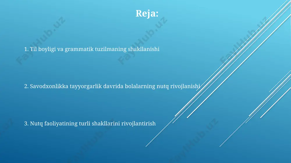 prepozitsiya 4-5 yoshgacha o'zlashtiriladi. leksik zahirani boyitish "leksik zahirani boyitish"da bolaning nutqini rivojlantirish uchun har xil o'yinlar, hikoyalar va she'rlar orqali kamida 20-25 ta yangi so'z o'rgatish tavsiya etiladi. "leksik zahirani boyitish" boshlangʻich maktabgacha yoshdagi bolalarda taxminan 2000-3000 soʻzdan iborat faol lugʻat zahirasini shakllantirishni oʻz ichiga oladi. "leksik zahirani boyitish" jarayonida semantik maydonlar, masalan, "oila", "uy", "tabiat" kabi 5-7 ta asosiy mavzu boʻyicha leksik birliklarni oʻzlashtirishga alohida e'tibor qaratiladi. nutq nuqsonlarining oldini olish nutqning rivojlanishida kechikish kuzatilsa, 3 yoshgacha bo'lgan bolalarda erta logopedik yordam muhim bo'lib, muvaffaqiyatli natijalarga 80% gacha erishish mumkin. ona tilida 500 dan ortiq so'z boyligiga ega bo'lmagan 4-5 yoshli bolalarda o'qishga tayyorgarlik jarayonida qiyinchiliklar yuzaga kelishi ehtimoli yuqori. bolalarda nutqning fonetik-fonemik tomonining rivojlanishida kechikishlarni aniqlash va tuzatish uchun diagnostika va terapevtik mashg'ulotlar tizimi muhim ahamiyat kasb etadi. ota-onalar bilan o'zaro hamkorlik ota-onalar bilan o'zaro hamkorlikda bolaning nutqini rivojlantirishga oid 5 tadan ortiq uy mashg'ulotlari tavsiyalarini berish, …
