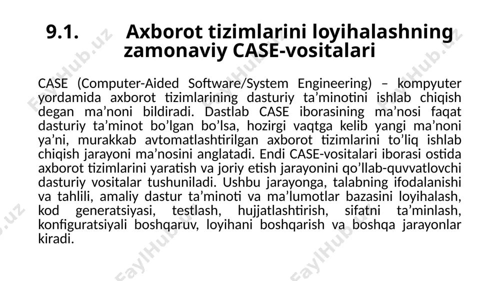 tini yaxshilaydi; kutilayotgan natijani barvaqt baholashga uchun bo’lajak tizimning prototipini qisqa muddatda yaratishga imkon beradi; loyihalash va ishlab chiqish jarayonini tezlashtiradi; dasturchini qiyin ishdan ozod etadi, uning dastur tuzish borasidagi ijodiy faoliyatini yaxshilashga vaqt va imkon yaratadi; ishning rivojlanishini qo’llab quvvatlaydi; ish jarayonida komponentlardan takror foydalanish imkoniyatini yaratadi. case-vositalarining kamchiliklari: 1. case-vositalari tez orada o’zining effektini bermasligi mumkin, oradan qanchadir vaqt o’tishi talab etiladi; 2. case-vositalarini yaratishga nisbatan uni joriy etish uchun real sarf xarajatlar oshib ketadi; 3. case-vositalarni joriy etish jarayoni muvaffaqiyatli yakunlanganidan so’nggina, foyda olish imkoniyati ta’minlanadi. case-vositalarini muvoffaqiyatli joriy etish kaliti tashkilot tayyorgarligiga bog’liq bo’lib quyidagilarni o’z ichiga oladi: texnologiya mavjud imkoniyatlarning chegaralanganligini, eskirganligini tushinish va yangi texnologiyalarni qabul qilish qobiliyati; madaniyat yangi jarayonlarni joriy etishga tayyorligi va dasturchilar bilan foydalanuvchilarning o’zaro hamjihatlikda bo’lishi; boshqaruv muhimroq bosqichlarga va joriy etish jarayoniga nisbatan rahbarlik va tashkilotchilik. case-vositalaridan foydalanmoqchi bo’lganlar tizimni tadbiq etish uchun sarf xarajatlarga tayyor bo’lishi vositaning …