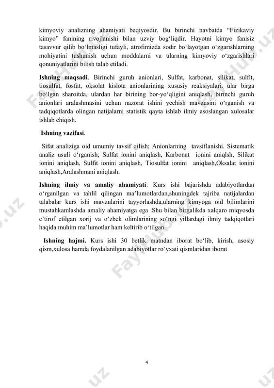ganik moddalarning klassik sifat analizi "quruq" yoki "hoʻl" usulda olib boriladi. sifat analizining "quruq" usuli bir oz miqdorda bura (tanakor) yoki "fosfor tuzi" (nanh4hpo44h2o) qoʻshib tekshirilayotgan modda kukuni (odatda, metall tuzlari yoki oksidlari) qizdirilganda gaz gorelkasi alangasi rangining oʻzgarishiga va rangli shishasimon qotishmalar hosil boʻlishiga asoslangan. sifat analizining "hoʻl" usuli makro,"yarim makro", "yarim mikro", mikro va ultramikro usullarga asoslangan (yana qarang ultramikrokimyoviy analiz, tomchi analiz). suvli eritmalardagi anorganik birikmalarning sifat analizi ion reaksiyalariga asoslangan. sifat analizining kimyoviy usuli bilan bir qatorda fizikaviy, fizikkimyoviy usullari qam keng qoʻllanadi. bu usullar tekshirilayotgan moddalarning optik, elektr, magnit, issiklik, katalitik, adsorbsion va boshqa xossalarini oʻrganishga asoslangan (qarang spektram analiz, polyarografiya). ultrabinafsha spektr ikki-uch, ayrim hollarda, besh va undan ortiq yutilish yo‘laklariga ega. bunda tekshiriladigan moddani identifikatsiya qilish uchun (sifat analizi) turli erituvchilarda uning spektri tushiriladi va spektrlar aniq tarkibli moddalar spektrlari bilan taqqoslanadi. tekshiriladigan va taqqoslanadigan spektrlar mos kelsa, tarkiblarning bir xilligi haqida xulosa …