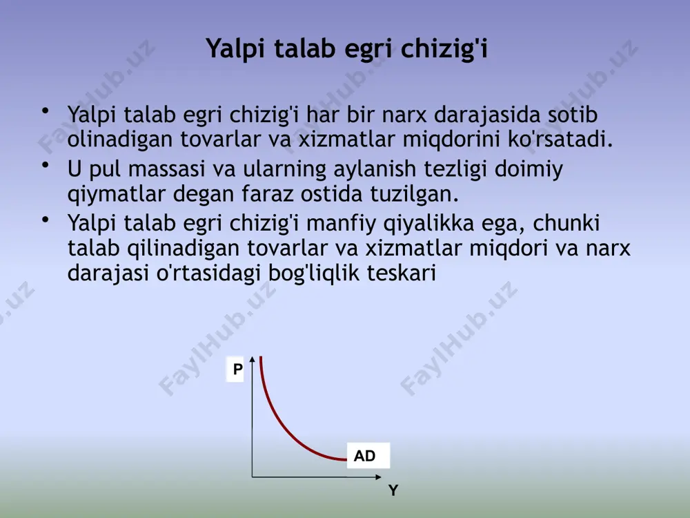 yadi (bir xil narx darajasida iqtisodiy agentlar kamroq sotib olishga tayyor) ad→ad2 p y ad1 ad2 ad ad1 narx bo'lmagan omillar (talabga ta’sir qiluvchi ) ad egri chizig'ining o'ngga siljishi ad egri chizig'ining o'ngga siljishi iste'molchi xarajatlariga ta'sir qilish iste'molchilar farovonligi iste'molchilarning kutishlari (shu jumladan inflyatsiya bilan bog'liq) iste'molchi qarzi soliqlar o'sib borayotgan optimistik kamayadi qisqarmoqdalar tushadi pessimistik o'sib borayotgan o'sib bormoqda investitsion xarajatlarga ta'sir qilish foiz stavkalari (narx darajasiga bog'liq bo'lmagan o'zgarishlar) investitsiyalardan kutilayotgan daromad korporativ soliqlar ortiqcha quvvat innovatsiya pasayish katta qisqarmoqdalar kichik muhim o'sib bormoqda kichik o'sib bormoqda katta tovar va xizmatlarga davlat xarajatlari (eng muhim narx bo'lmagan omil) kattalashtirish; ko'paytirish pasayish sof eksportga ta'sir qiladi xorijiy mamlakatlardagi milliy daromad milliy valyuta kursi o'sib borayotgan tushadi kamayadi o'sib borayotgan eslatma narx bo'lmagan har bir omilning ta'sirini "ceteris paribus" deb hisoblash kerak, aks holda ta'sirni aniqlash qiyin, garchi real hayotda "boshqa shartlar" kamdan-kam hollarda o'zgarmaydi. masalan: soliqlarni kamaytirish …