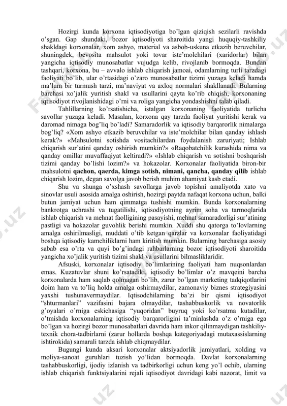 rish vositasi hamda ishlab chiqarish jarayonini muvaffaqiyatli tashkillashtirish uchun turtki bo’lib xizmat qiladi. biroq moddiy ishlab chiqarishning etakchilik rolini inkor qilmagan holda, iqtisodiyotning rivojlanishiga ishlab chiqarish infratuzilma (transport, aloqa, energetika va axborot xizmati) va ijtimoiy infratuzilma (maorif, sog’liqni saqlash, umumiy ovqatlanish, uy-joy-kommunal xizmati va boshqalar)ning rolini ham ko’rsatib o’tishimiz darkor. bu sohalarda ham aholining katta qismi mehnat bilan band bo’lib, ularning mehnati moddiy ishlab chiqarish xodimlari mehnatidan kam foyda keltirmaydi. shundan kelib chiqqan holda aytish mumkinki, iqtisodiyot - ilmiy kategoriyaga qaraganda ishlab chiqarish kategoriyasiga yaqinroq bo’lib, fan-texnika taraqqiyoti, ishlab chiqarish va noishlab chiqarish sohalarining o’zaro samarali aloqalari, reurslardan oqilona foydalanish va ratsional boshqaruv tufayli faoliyat ko’rsatmoqda va rivojlanib bormoqda. iqtisodiyot doimo dinamik bo’lib, sifat va miqdor o’zgarishlariga duchor bo’ladi. ba’zi hollarda salbiy holatlar (masalan, qishloq xo’jaligida qurg’oqchilik, qoramollar o’limi; urush, terrorizm va hokazo) yuzaga kelsa ham, iqtisodiyotda ijobiy siljishlarga erishish mumkin. fan-texnika taraqqiyoti, malakali kadrlar, xo’jalik mexanizmi va undan oqilona …
