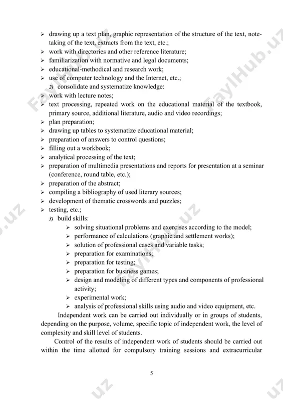 ents for the organization of independent work of students in preparation for classroom studies 2.1. preparing presentations and reports. presentation is: "... a way of presenting information, in which there are drawings, photographs, animation and sound." to prepare a presentation, it is recommended to use: powerpoint , ms word , acrobat reader . the easiest presentation program - microsoft powerpoint . to prepare a presentation, it is necessary to collect and process the initial information. the sequence of preparation of the presentation: 1. clearly formulate the purpose of the presentation: you want to motivate your audience, convince, infect with some idea, or just formally report. 2. decide what the format of the presentation will be: live performance (then how long will it be) or email ( what will be the context of the presentation). 3. select all the content for the presentation and build a logical presentation chain. 4. identify …