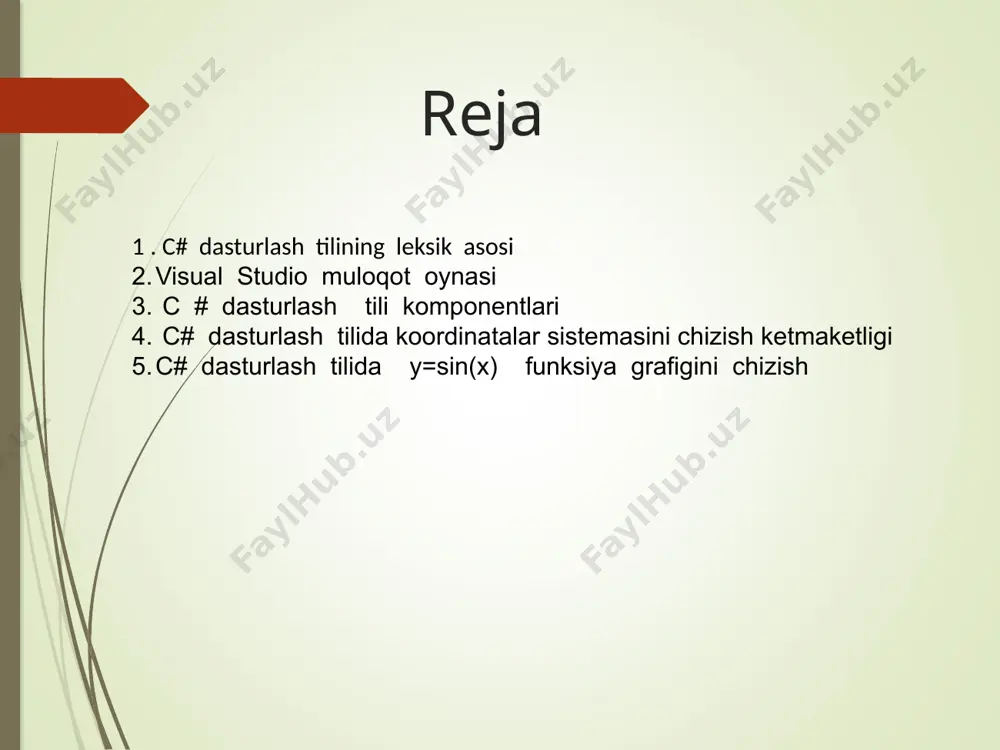 a talaffuzlanadi: ixtiyoriy qismni ixtiyoriy joydan o`zgartirishingiz mumkin. .net platformasi windows dasturlarini yaratish uchun yangi model hisoblanadi. .net platformasini yutuqlarini sanab bersak: to`liq va absolyut tillar aro o`zaro ta`sirchanlik, ixtiyoriy.net dasturlarini qaysi dasturlash tilida yozilishidan qat`iy nazar umumiy bajarilish muhiti. eng muhimi barcha tillar uchun tiplar to`plami ishlatiladi. .net platformasi uchun maxsus c# dasturlash tili yaratildi. c# dasturlash tilining konstruktsiyasi c++, java va visual basic tillardan olingan. c# bevosita c, c++ va java bilan bog`liq. chunki bu uchta til dasturlash olamida eng mashhur tillardir. bundan tashqari profisanal dasturchilar c va c++ da va juda ko`pchilik java tilida ish yuritadi visual studio muloqot oynasi microsoft korporatsiyasi o’zining oynalar bilan ishlovchi va dunyoda eng ko’p tarqalgan va juda ham ko’p foydalanuvchilar tomonidan ma’qullangan operatsion tizimi windows uchun ishlab chiqqan visual studio (bundan so’ng vs deb yuritiladi) muhiti ham faqatgina oynalar orqaligina ishlaydi. unda mavjud barcha dastrulash tillari oynalarga bo’lingan menyular paneli bilan …