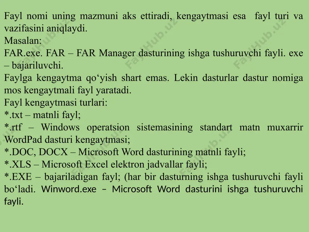 enyuda quyidagilarni bajaish mumkin: • ko'p foydalaniladigan ilovalarga kirish. • papka va fayllarni qidiish uchun «проводник» dasturini ochish. • internetga ulanish. • kompyuterni o'chirishning turli xil variantlarini ko'rib chiqish mumkin. qidiruv qatori vazifalar panelidagi "qidiruv oynasi" hujjat va fayllarni yoki internetdagi ma’lumotlarni qidirishga imkon beradi. windows 10 vazifalar paneli windows 10 ning vazifalar paneli ekranning pastki qismida joylashgan bo'lib, u foydalanuvchini bosh menyuga, tez-tez ishlatiladigan ilovalarning piktogrammalariga kirish imkonini beradi. vazifalar panelining o'ng qismida, foydalanuvchini internetga ulanish holati yoki noutbukning batareya quvvati to'g'risidagi bildirishnoma maydoni mavjud. ilovani vazifalar paneliga qo'shish: 1-qadam - bosh menyuda o'rnatilmoqchi bo'lgan dastur topiladi. 2-qadam – ilovaga sichqoncha o'ng tugmasi bosiladi. 3-qadam - menyuda " дополнительно" buyrug`i tanlanadi. 4-qadam - " закрепить на панели задач" buyrug`i tanlanadi. provodnik dasturi provodnik- bu windows operatsion tizimi tomonidan papkalar va fayllarni ko'rish uchun foydalaniladigan dastur. provodnikka kirish uchun vazifalar panelidagi papka belgisi bosiladi. provodnik oynasi quyidagi bo'limlardan iborat: • …