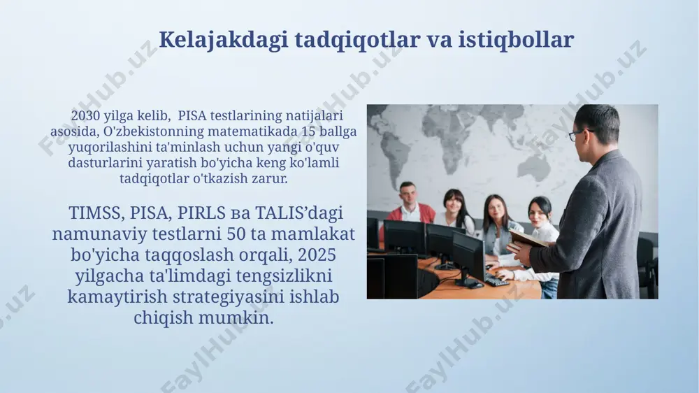 qaratilgan bo'lib, 70 dan ziyod davlat ishtirok etadi va javoblarning murakkabligi va to'g'riligini hisobga olgan holda ball beriladi. pirls dasturi 4-sinf o'quvchilarining o'qish savodxonligini o'lchaydi, 50 dan ortiq mamlakatda o'tkaziladi va savollar matnni tushunish, tahlil qilish va baholovchi javoblarni o'z ichiga oladi, natijalar 500 balldan iborat shkala bo'yicha baholanadi. pisa namunaviy testlari: misollar va tahlil pisaning o‘qish savodxonligi bo‘limi 70 dan ortiq turli matnlarni, shu jumladan, adabiy asarlar, gazetalardagi maqolalar va ko‘rsatmalarni o‘z ichiga oladi va talabalarning tushunish va tahlil qilish qobiliyatini baholaydi. pisa 2018 yilda toshkent shahridagi maktablarda o‘tkazilgan tadqiqotlar natijalariga ko‘ra, fanlar bo‘yicha o‘rtacha ballar global ko‘rsatkichlardan past bo‘ldi, bu esa ta’lim siyosatida o‘zgarishlarni talab qiladi. xalqaro taqqoslash natijalarining ahamiyati pisa 2022 yilgi hisobotiga ko'ra, singapur, xitoy va janubiy koreya kabi osiyo mamlakatlari o'rta maktab o'quvchilarining o'qish savodxonligi bo'yicha yuqori ko'rsatkichlarga erishgan, bu esa global ta'lim standartlarini aniqlashga yordam beradi. talis tadqiqotlari 2018-yilda o'tkazilgan so'rovnomalarga asoslanib, 40 dan …