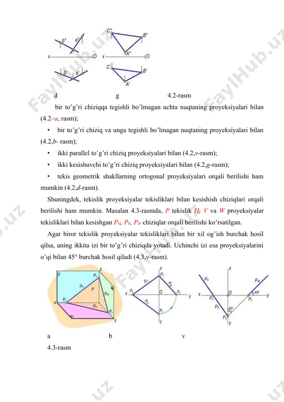 mkin. tekislikning bir nomli bosh chiziqlari (masalan, gorizontallari) hamma vaqt bir-biriga 4.6-rasm parallel bo’ladi. ammo proyeksiyalar tekisligidan talab qilingan masofada tekislikning faqat bitta bosh chizig’ini o’tkazish mumkin. xususiy vaziyatdagi tekisliklar. agar tekislik proyeksiyalar tekisligining biriga perpendikulyar yoki parallel bo’lsa, uni xususiy vaziyatdagi tekislik deb ataladi. proyeksiyalar tekisligiga perpendikulyar bo’lgan tekisliklar proyeksiyalovchi tekisliklar deyiladi. gorizontal proyeksiyalovchi tekislik ta‟rif. gorizontal proyeksiyalar tekisligiga perpendikulyar tekislik gorizontal proyeksiyalovchi tekislik deyiladi. gorizontal proyeksiyalovchi m(mh, mv) tekislikning mv frontal izi ox o’qiga perpendikulyar bo’ladi (4.6,a,b- rasm), mh gorizontal izi esa ox o’qiga nisbatan ixtiyoriy burchakda joylashgan bo’ladi. bu tekislik gorizontal izi mh va ox o’q orasidagi burchak, m va v tekisliklar orasidagi burchakning haqiqiy qiymatiga teng bo’ladi. gorizontal proyeksiyalovchi tekislikka tegishli tekis geometrik shakllarning gorizontal proyeksiyalari to’g’ri chiziq bo’ladi va tekislikning gorizontal izi bilan ustma-ust tushadi (4.6 – b, rasm). 4.6-rasm frontal proyeksiyalovchi tekislik ta‟rif. frontal proyeksiyalar tekisligiga perpendikulyar bo’lgan tekislik frontal proyeksiyalovchi tekislik deyiladi. frontal …
