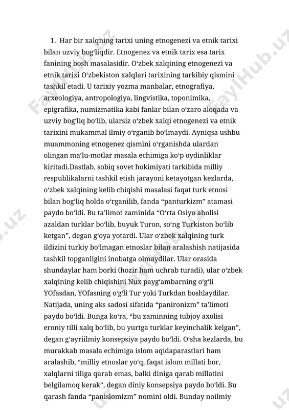 illiy etnoslar yo‘q, faqat islom millati bor, xalqlarni tiliga qarab emas, balki diniga qarab millatini belgilamoq kerak”, degan diniy konsepsiya paydo bo‘ldi. bu qarash fanda “panislomizm” nomini oldi. bunday noilmiy konsepsiyalarning paydo bo‘lishi o‘z davrida shu muammo yo‘nalishiga bog‘liq fanlar rivojlanish darajasining zaifligidan dalolat berardi. darhaqiqat, o‘rta osiyo xalqlari etnogenezi va etnik tarix masalalariga daxldor etnologiya, arxeologiya, etnografiya, antropologiya, toponimika, tarixiy lingvistika kabi fan tarmoqlari o‘sha kezlarda hali rivojlanmagan edi. binobarin, o‘rta osiyo xalqlarining kelib chiqishi borasidagi talqinlar faqat tarixiy va afsonaviy rivoyatlar asosida yaratilgan so‘nggi o‘rta asrlar davri qo‘lyozma manbalariga asoslangan. ushbu murakkab muammoning echimiga aloqador fan tarmoqlari rivojlanib, uni kompleks o‘rganishga o‘tilgach, o‘rta osiyo xalqlarining kelib chiqishi masalasida birdan-bir to‘g‘ri bo‘lgan milliy avtoxtonizm nazariyasi ishlab chiqildi. bunga ko‘ra, har bir xalqning kelib chiqishini o‘rganishda uning etnik tarkibini aniqlash zarurligi, shundagina, u yoki bu xalq, uning etnogenezi va etnik tarixi, madaniy merosi, sarhadlari, davlatchilik tarixi haqida to‘g‘ri xulosaga kelish …