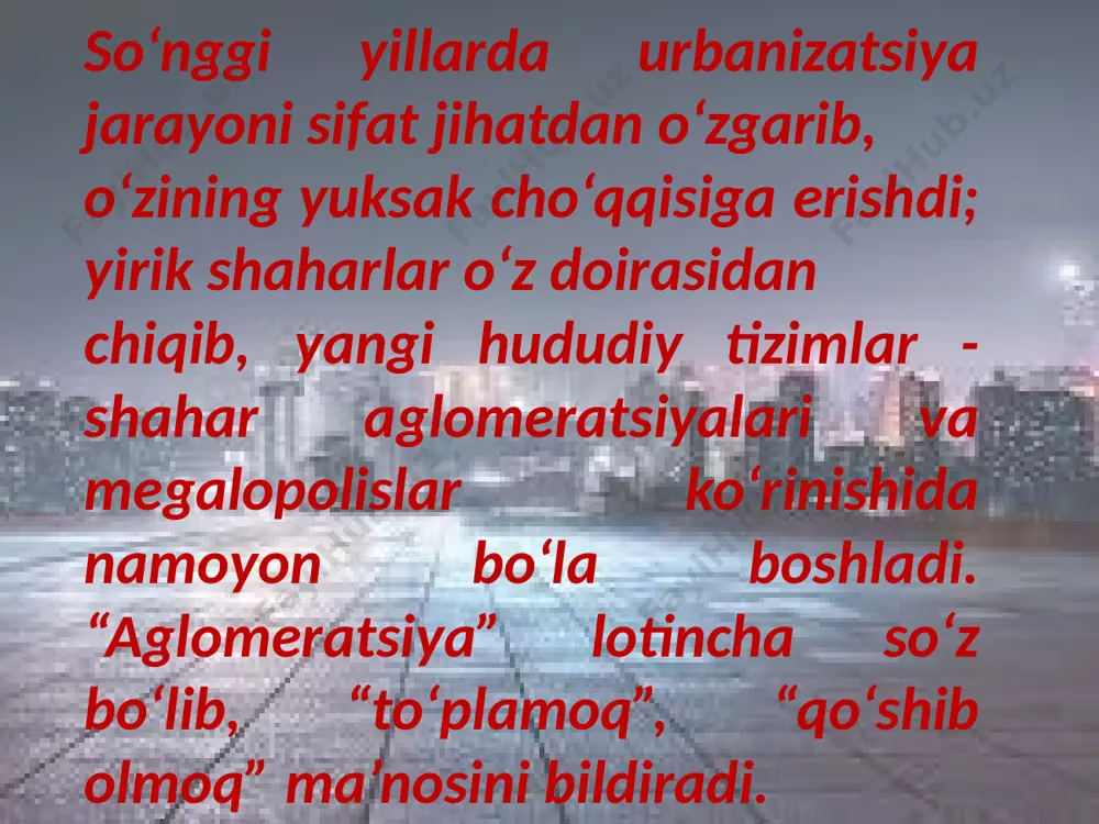 o‘z ichiga olgan bosvash (boston-vashington) aglomeratsiyalar tizimini birinchi bo‘lib tadqiq etdi va uni megalopolis nomi bilan atadi. ana shunday urbanizatsiyalashgan hududlardan sayyoramizning sharqiy qismida, markazi tokioda joylashgan tinch okeanining muhim savdo yo‘llari bo‘ylab cho‘zilgan tokaydo (tokioosaka) megalopolisi sharqning o‘ziga xos o‘sish qutbi hisoblanib, unda aholi va ishlab chiqarishning asosiy qismi mujassamlashgan. tokaydo megalopolisida mamlakat aholisining deyarli 60 foizi to‘plangan bo‘lib, bu yerda mamlakat umumiy sanoat mahsulotining 2/3 qismi ishlab chiqariladi. mazkur tokaydo megalopolisining yadrosini katta tokio deb nomlanuvchi yaponiyaning tokio poytaxt aglomeratsiyasi hududi tashkil etadi. 0 ‘zimizning farg‘ona vodiysida ham aholi joylashuvining o‘ziga xos shakli vujudga kelgan, uni yirik shaharlaming bosh harfi bilan “fan“ megalopolisi deb atash mumkin (farg‘ona-andijon-namangan). daryolaming quyi qismida joylashgan shaharlar birikmasini biz deltapolis deyishimiz mumkin. grek arxitektori doksiadis kelgusida hatto, oykumenapolis vujudga kelishi haqida ham fikr bildirgan bo‘lib, bu butun dunyo shaharlarining yagona tizimidir image2.png image3.png image4.png image5.png image6.png image7.png image8.png image1.jpg /docprops/thumbnail.jpeg