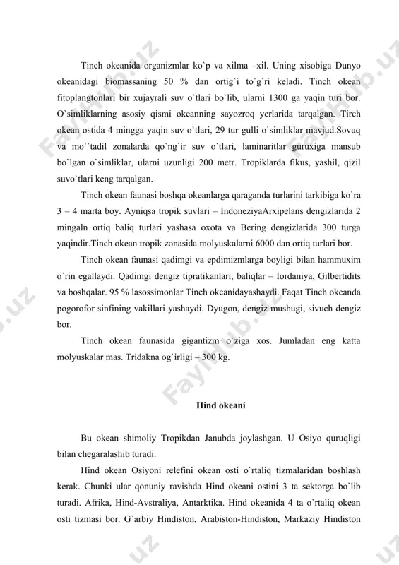 cha joyidan submeridional ravishda okean yoriqlari kesib o`tgan. rodriges orolidan sharqda tog`lar sistemasi tarmoqlarga bo`linadi – shimolga tomon arabiston-hindiston, janubi-g`arbga markaziy hindiston o`rtaliq okean osti tizmalari yo`naladi. ayniqsa arabiston – hindiston tizmasi mukammalroq o`rganilgan. bunda submeridional yo`nalishdagi yorliqlar chuqur cho`kmalarni, okean trog vodiylarini yuzaga keltirgan, chuqurligi 6,4 ming metrga boradi. eng yirik yoriqlardan ouen yorig`i bo`lib tizmaning shimolini kesib o`tgan. adan qo`ltig`ida, qizil dengizda bir qancha chuqur parmalash ishlari olib borildi. eng qadimgi jinslar pallogen jinslari ekanligi aniqlandi. markaziy hindiston o`rtaliq okeani osti tizmasi janubda amsterdam vulkani platosi bilan tugaydi. bu yerdagi orollarda sen-pol va amsterdam vulkanlari bor. shu platodasi sharqda janubi-sharqqa avstraliya-antarktida ko`tarilmasi joylashgan. bu hind okeanidagi boshqa tizmalarga qaraganda keng kam parchalanganligi bilan ajralib turadi. iqlimi va suvlari hind okeanini iqlimi dastlab geografik o`rni bilan aniqlanadi. okeanning shimolidagi osiyo quruqligining ta`siri ostida shimoliy qismida musson atmosfera tsirkulyatsiyasi yuzaga keladi. bu o`z navbatida shu rayondagi suv yuza qismining tsirkulyatsiyasini …