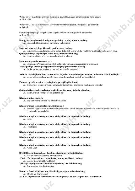 dat, *.mp4 rasmli fayl kengaytgichlarini tanlang: a. *.bmp, *.jpg, *.tif, *.pcx arxivli fayl kengaytgichlarini tanlang: a. *.rar, *.arj, *.zip word dasturida saqlash mumkin bo’lgan fayl kengaytmalarini tanlang: a. *.doc, *.rtf, *.pdf, *.html tizimli dasturiy ta'minot (sistem software) — … a. kompyutеrning va kompyutеr tarmoqlarining ishini ta'minlovchi dasturlar majmuasidir. amaliy dasturiy ta'minot (aplication program paskage) — … a. bu aniq bir prеdmеt sohasi bơyicha ma'lum bir masalalar sinfini еchishga mơljallangan dasturlar majmuasidir. dasturlash tеxnologiyasining uskunaviy vositalari — bu … a. yangi dasturlarni ishlab chiqish jarayonida qơllaniladigan maxsus dasturlar majmuasidan iborat vositalardir. dasturiy ta'minot nechta asosiy guruхga bo'linadi? a. 2 dasturiy ta'minot tarqatilishi va targ'ib qilinishi bo'yicha nechta turga ajratiladi? a. 3 qiymati 100% to'langanidan keyin o'rnatilib, foydalaniladigan dasturiy ta'minot nima deb ataladi? a. software aprobasiya, ya'ni sinovdan o'tkazish muddatiga ega bo'lgan (odatda 7 kundan 40 kungacha, yoki bir necha bor kirib ishlashga) yoki imkoniyatlari cheklangan dasturiy ta'minot nima deb ataladi? a. …