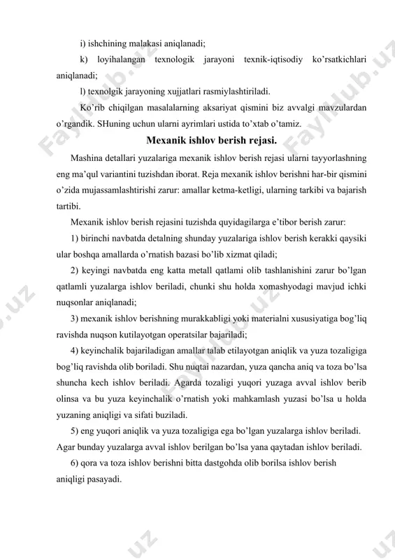 niyatlari keltiriladi. xuddi shuningdek o’lchamlari, quvvati, unumdorligi, narxi ham keltiriladi. dastgohlarning modeli asosan ishlab-chiqarish turiga qarab belgilanadi. masalan, donali ishlab chiqarishda universal, yalpi ishlabchiqarishda maxsus, avtomatlashtirilgan, agregat dastgohlardan foydalaniladi. texnologik moslamalar ham dastgohlar kabi ish unumdorligini tapminlash maqsadida ishlab-chiqarish turiga qarab tanlanadi. donali ishlab-chiqarishda dastgohni o’zidagi moslamalardan foydalanilsa yalpi ishlab-chiqarishda maxsus moslamalar qo’llaniladi. kesuvchi asboblar ham o’z navbatida ishlab chiqarish dasturi ortishiga qarab maxsuslashib boradi. buning asosiy sabablari bilan biz siz bilan avvalgi paragrafda tanishib chiqdik. xuddi shu kabi o’lchov asboblarning standartlashgan universal turlari donali ishlab chiqarishda qo’llansa, yalpi ishlab-chiqarishda maxsus chegaraviy kalibrlar, indikatorli qurilmalar va moslamalardan foydalaniladi. kesish ma’romlarini aniqlash. kesish ma’romlarini aniqlashga kirishishdan avval detalningng ishlov beriladigan yuzalarining o’lchamlarini hisoblab olish zarur. bu o’lchamlardan kesish tezligi va vaqt me’yorini hisoblashda foydalaniladi. kesish ma’romlarini hisoblash uchun dastlabki ma’lumotlar rolini quyidagilar bajaradi: 1. ishlov beriladigan detal to’g’risidagi ma’lumotlar (ishchi chizmasi, ishlov berish bo’yicha texnik shartlar), xomashyo materiali, shakli, o’lchamlari, o’lchamning …