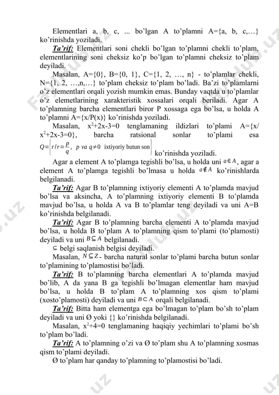plamning ixtiyoriy elementi b to’plamda mavjud bo’lsa, u holda a va b to’plamlar teng deyiladi va uni a=b ko’rinishda belgilanadi. ta’rif: agar b to’plamning barcha elementi a to’plamda mavjud bo’lsa, u holda b to’plam a to’plamning qism to’plami (to’plamosti) deyiladi va uni belgilanadi. belgi saqlanish belgisi deyiladi. masalan, - barcha natural sonlar to’plami barcha butun sonlar to’plamining to’plamostisi bo’ladi. ta’rif: b to’plamning barcha elementlari a to’plamda mavjud bo’lib, a da yana b ga tegishli bo’lmagan elementlar ham mavjud bo’lsa, u holda b to’plam a to’plamning xos qism to’plami (xosto’plamosti) deyiladi va uni orqali belgilanadi. ta’rif: bitta ham elementga ega bo’lmagan to’plam bo’sh to’plam deyiladi va uni ø yoki {} ko’rinishda belgilanadi. masalan, x2+4=0 tenglamaning haqiqiy yechimlari to’plami bo’sh to’plam bo’ladi. ta’rif: a to’plamning o’zi va ø to’plam shu a to’plamning xosmas qism to’plami deyiladi. ø to’plam har qanday to’plamning to’plamostisi bo’ladi. istalgan n ta elementli to’plamning barcha qism to’plamlari soni …