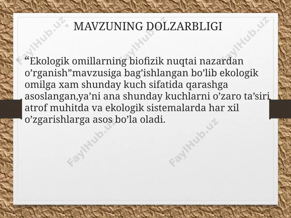 a ma`lum ozuqa (trofik) zanjirini tashkil qiladi. rivojlanishning turg’unlik konsepsiyasi “sustainabldevelopment” termini ingliz tilidan «turg’un taraqqiyot» ma’nosini bildirib, ilk marotaba 1980 yilda “xalqaro tabiat va tabiiy resurslarni muhofaza qilish ittifoqi”ning «butun dunyoda tabiatni muhofaza qilish strategiyasi» nomli ma`ruzasida qo`llanilgan edi. bmtni atrof-muhit va taraqqiyot komissiyasining «bizning umumiy kelajagimiz» ma`ruzasi chop etilgandanso’ng, 1987 yildan boshlab bu ideyaga umumiy e`tibor qaratila boshlandi. bmtning rio-de-janeyroda bo`lib o`tgan konferensiyasida (1992) turg’un taraqqiyot nazariyasi bo`yicha qabul qilingan qarorlar konseptual asosini tashkil qildi. konferensiya hujjatlarida turg’un taraqqiyot atrof-muhitda halokatli o`zgarishga olib kelmaydigan, uzoq muddatga asoslangan turg’un iqtisodiy o`sishni ta`minlaydigan taraqqiyot deb aniqlangan. «turg’un taraqqiyot» tushunchasi bugungi kunga kelib qanday tor ma`noda ishlatilsa, xuddi shunday keng ma`noda ham ishlatilayapti. tor ma`noda mazkur tushunchaning ekologik tarkibiga e`tibor beriladi, ya`ni biosferada insonning xo`jalik faoliyatini optimizatsiyalashga e`tibor qaratgan holi nazarda tutilgan. bu fao (inglizchadan foodandagricultureorganizationun) bmtning ozuqa va qishloq xo`jaligi bo`yicha idorasini mutaxassislari turg’un taraqqiyot darajasiga chiqishning shunday agrar sektorini …