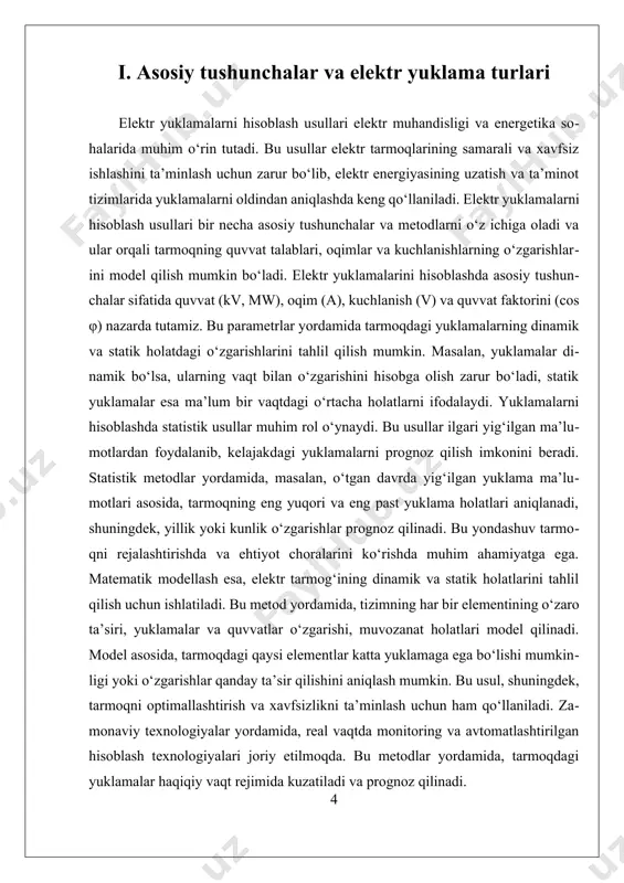 ilmiy izlanishlar va texnologik rivojlanishlar, kelajakda yanada aniq va samarali hisoblash usullarini ishlab chiqishga imkon yaratadi. ii. matematik modellash va statistik prognoz metodlari matematik modellash va statistik prognoz metodlari elektr yuklamalarni hisoblashda muhim ahamiyatga ega bo‘lgan yondashuvlardir. bu usullar yordamida elektr tarmoqlari va ularning elementlarining quvvat talablarini aniqroq baholash, shuningdek, kelajakdagi yuklamalarni prognoz qilish mumkin bo‘ladi. ular elektr muhandisligi va energetika sohalarida tizimning samaradorligini oshirish, xavfsizligini ta’minlash va iqtisodiy xarajatlarni kamaytirishga xizmat qiladi. elektr yuklamalarni matematik modellash bilan tahlil qilish jarayonida, avvalo, tizim parametrlarini aniq ifodalovchi formulalar va tenglamalar ishlab chiqiladi. bu parametrlar orasida quvvat (kv, mw), oqim (a), kuchlanish (v) va quvvat faktorining (cos φ) roli katta. masalan, statik va dinamik yuklamalar uchun alohida modellar ishlab chiqiladi. statik modellarda, odatda, vaqt bo‘yicha o‘zgarishlar hisobga olinmaydi va yuklamalar o‘rtacha qiymatlarda tahlil qilinadi. dinamik modellarda esa, yuklamaning vaqt davomida o‘zgarishi va tizimdagi o‘zaro ta’sirlar hisobga olinadi. bu modellash usullari yordamida, elektr …