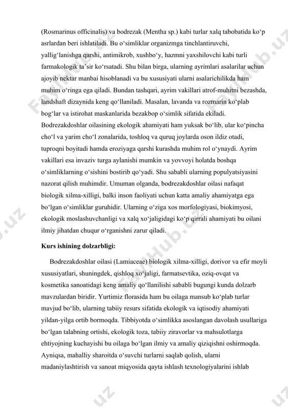uruhidir. ularning o‘ziga xos morfologiyasi, biokimyosi, ekologik moslashuvchanligi va xalq xo‘jaligidagi ko‘p qirrali ahamiyati bu oilani ilmiy jihatdan chuqur o‘rganishni zarur qiladi. kurs ishining dolzarbligi: bodrezakdoshlar oilasi (lamiaceae) biologik xilma-xilligi, dorivor va efir moyli xususiyatlari, shuningdek, qishloq xo‘jaligi, farmatsevtika, oziq-ovqat va kosmetika sanoatidagi keng amaliy qo‘llanilishi sababli bugungi kunda dolzarb mavzulardan biridir. yurtimiz florasida ham bu oilaga mansub ko‘plab turlar mavjud bo‘lib, ularning tabiiy resurs sifatida ekologik va iqtisodiy ahamiyati yildan-yilga ortib bormoqda. tibbiyotda o‘simlikka asoslangan davolash usullariga bo‘lgan talabning ortishi, ekologik toza, tabiiy ziravorlar va mahsulotlarga ehtiyojning kuchayishi bu oilaga bo‘lgan ilmiy va amaliy qiziqishni oshirmoqda. ayniqsa, mahalliy sharoitda o‘suvchi turlarni saqlab qolish, ularni madaniylashtirish va sanoat miqyosida qayta ishlash texnologiyalarini ishlab chiqish hozirgi zamonaviy biologiyaning muhim yo‘nalishlaridan biri bo‘lib qolmoqda. kurs ishining maqsadi: ushbu mavzuning asosiy maqsadi — bodrezakdoshlar oilasiga mansub o‘simliklarning morfologik, anatomik, ekologik va biokimyoviy xususiyatlarini chuqur o‘rganish, ularning tizimli o‘rnini aniqlash, turlarini tavsiflash, xalq xo‘jaligidagi, …