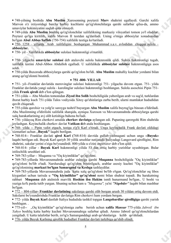 n biri li yuan hokimiyatni bosib oldi. · 618-630-- g'arbiy turk xoqonligida xoqon to'n yabg'u (hukmronlik qilgan davrda boshqaruv tartiblari isloh qilinadi. · 622-yil, 16 iyul - xijriy qamariy yil hisobini boshlanishi. · 624- yilda xitoyda qabul qilingan qonunga ko'ra, har bir xo'jalik 100 mu dan yer olish huquqiga ega bo'lgan. uning 80 mu sidan davlatga soliq to'langan. 20 mu si esa meros qoldirish huquqi bilan berilgan. · 627-yilning o'zida buxoro, samarqand, ishtixon va ustrushona (jizzax va o'ratepa viloyatlari) dan birlashgan juda katta savdo karvoni xitoyga yetib boradi. · 630- yil - arab qabilalari yagona davlatga birlashtirildi. · 630- yilda makka shahri bo'ysundirilgan. makka zodagonlari muhammad (s.a.v.) hokimiyatini tan olishgan va uning yordamchilariga, islom esa hukmron dinga aylangan. · 630-yilda muhammad (s.a.v.) arablarni yagona davlatga birlashtiradi. · 632- yil - arab xalifaligi tashkil topdi. · 632- yildan 661- yilgacha o'tgan salkam 30 yil davomida xalifalik avloddan-avlodga meros bo'lib o'tmay, aksincha, …