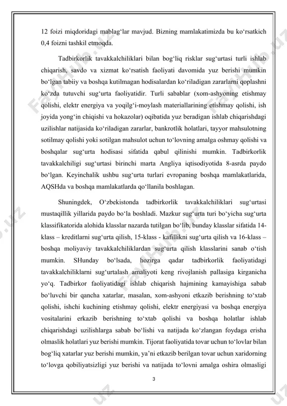 nicha yo‘q. tadbirkor faoliyatidagi ishlab chiqarish hajmining kamayishiga sabab bo‘luvchi bir qancha xatarlar, masalan, xom-ashyoni etkazib berishning to‘xtab qolishi, ishchi kuchining etishmay qolishi, elektr energiyasi va boshqa energiya vositalarini erkazib berishning to‘xtab qolishi va boshqa holatlar ishlab chiqarishdagi uzilishlarga sabab bo‘lishi va natijada ko‘zlangan foydaga erisha olmaslik holatlari yuz berishi mumkin. tijorat faoliyatida tovar uchun to‘lovlar bilan bog‘liq xatarlar yuz berishi mumkin, ya’ni etkazib berilgan tovar uchun xaridorning to‘lovga qobiliyatsizligi yuz berishi va natijada to‘lovni amalga oshira olmasligi mumkin. ma’lum mamlakat miqyosidagi siyosiy holatlar natijasida sotuvchi yoki xaridorga mahsulotni sota olmaslik yoki sotib ololmaslik holatlari yuz berishi mumkin. hozirgi kunda tijorat faoliyatini ko‘rsatayotgan sub’ektlar soni oshib ketishi natijasida ular faoliyatidagi risklarni sug‘urtalashga bo‘lgan ehtiyoj sezirarli darajada oshdi. buning natijasida sug‘urta kompaniyalari ixtiyorida bo‘sh mablag‘lar to‘planib ular tomonidan investitsiyaga yo‘naltiriladigan mablag‘lar xajmi xam oshdi. shuningdek, qishloq xo‘jaligida tadbirkorlik xatarlari ko‘p hollarda tabiiy hodisalar natijasida yuz berishi extmol tutilgan, ya’ni turli tabiiy …