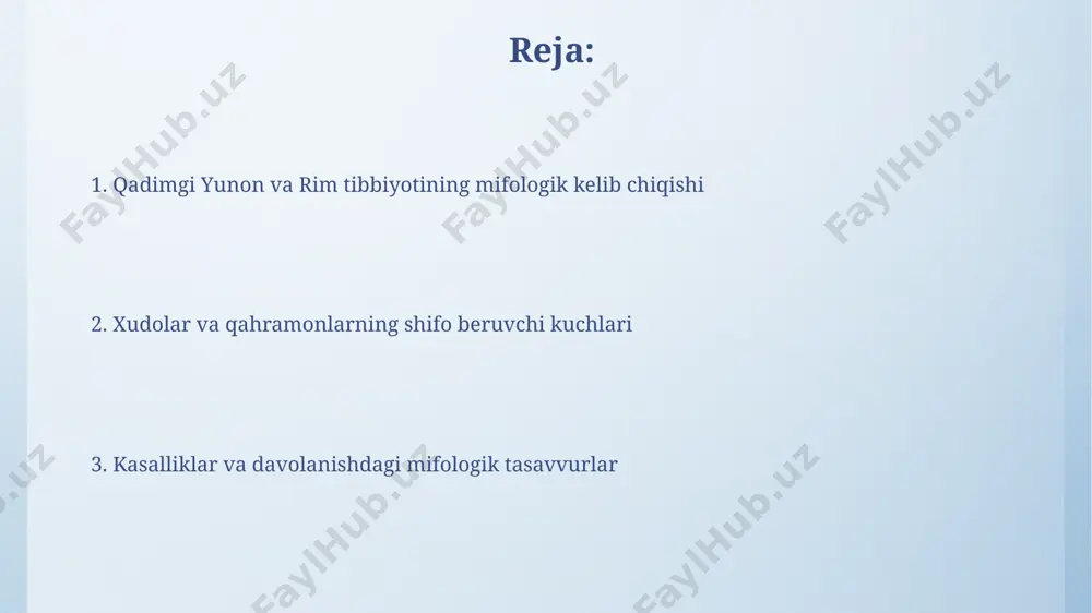 ing ramzi esa ilon edi. qadimgi rim tibbiyotida galen (mil. 129-216)ning asarlari keng tarqalgan bo'lib, uning anatomiya va fiziologiya bo'yicha 20 dan ortiq traktati asrlar davomida tibbiy ta'limning asosini tashkil etgan. qadimgi yunon va rim tibbiyotining mifologiyasi rim mifologiyasida salus, valetudo va febris kabi xudolar sog'liq, salomatlik va isitma bilan bog'liq edi, ularga qurbonliklar va marosimlar o'tkazilardi. bu 3 xudo tibbiyot amaliyotiga ta'sir ko'rsatgan. yunon tibbiyoti "to'rtta kayfiyat" nazariyasi – qon, balg'am, sariq va qora safro muvozanatiga asoslangan bo'lib, bu nazariya galen kabi taniqli shifokorlarning ishlariga ta'sir qilgan. tibbiy sehr-jodular va marosimlar yunon mifologiyasida asklepiy – shifo xudosi bo'lib, unga bag'ishlangan asclepieylar (davolash muassasalari)da 300 dan ortiq o'simlik va mineral preparatlar ishlatilgan. qadimgi yunon va rim shifokorlari kasalliklarni 4 ta asosiy suyuqlik – qon, balg'am, sariq va qora safro muvozanati buzilishi bilan bog'lashgan. ularning buzilishi turli kasalliklarga olib kelishiga ishonishgan. tibbiyot xudolarining ibodatxonalari tibbiyot xudolariga bag'ishlangan ma'badlar ko'pincha 20 dan …