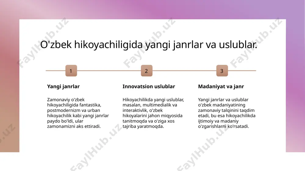 fikr yuritishga imkon beradi. 3 yosh avlodga ta'sir - hikoyalar, yosh avlodga qadriyatlarni yetkazishda ta'sirchan vosita bo'lib, ular ongida o'zbek milliy identitetini shakllantiradi va tarbiyalaydi. o'zbek hikoyalarida globalizatsiya va madaniy aloqalar. 1 globalizatsiya ta'siri globalizatsiya o'zbek hikoyalariga yangi mavzular va uslublar kiritib, xalqaro adabiyot bilan o'zaro aloqalarni mustahkamladi. 2 madaniy almashuvlar o'zbek hikoyachiligi, boshqa madaniyatlar bilan aloqalar orqali o'zining rang-barangligini oshirib, yangi voqealar va xarakterlar to'g'risida hikoyalar yaratmoqda. 3 global kontekstda o'zbeklik zamonaviy o'zbek hikoyalarida o'zbeklikni saqlash va global muammolarni yoritish o'rtasida muvozanatga erishish muhim ahamiyatga ega. hikoyalar orqali madaniy muammolarni ifodalash va yechimlar. 1 madaniy muammolar - o'zbek hikoyalarida madaniy muammolar, masalan, o'ziga xos an'analar va zamonaviylik o'rtasidagi to'qnashuvlar ko'rsatiladi. 2 hikoyalar va yechim - hikoyalar orqali madaniy muammolarni yechish yo'llari, o'zaro tushunish va muvofiqlikni ta'minlashga qaratilgan ijodiy yondashuvlar keltiriladi. 3 ijtimoiy tahlil - zamonaviy hikoyalarda ijtimoiy tahlil qilish orqali, mualliflar jamiyatdagi o'zgarishlar va muammolarni o'quvchilarga yetkazadilar, ularni o'ylashga …