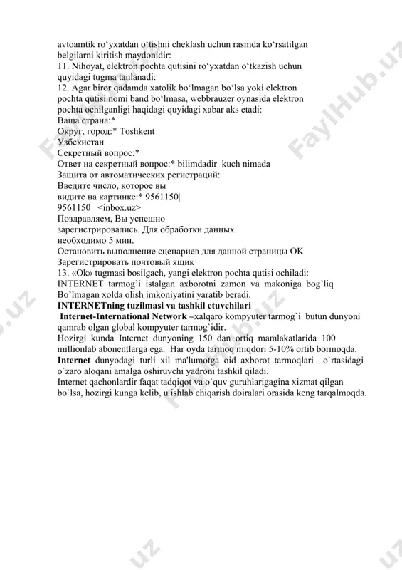 qishni ta‟minlovchi tizimdir. wwwning muhim hossalaridan biri hujjatlarga gipermatn ishoratlari («ссылка»лaри) kiritilishi mumkinligidadir. bu ishoratlarning afzalligi shundan iboratki, ular yordamida foydalanuvchi yangi hujjatni ekranga yuklash jarayonini juda oson yo‟l bilan amalga oshiradi: ya’ni sichqoncha ko‟rsatkichi gipermatndagi kerakli ishoratga keltirilib bosilishi kifoya. istalgan hijjat boshqa hujjatlarga ishoratlarni ma‟lum ko‟rinishda saqlashi mumkin. agar matnda boshqa hujjatlarga ishorat bo‟lsa, bunday hujjat gipermatn deyiladi. amalda www tizimida barcha hujjatlar gipermatn ko‟rinishida bo‟lib, ko’pchiligi grafik tasvir, tovush ma‟lumotlari va videofragmentlarni o‟z ichiga oladi. internetning resurslari va ulardan foydalanish usullari internet resurslarini har xil ko‟rinishdagi axborotlar tashkil etadi. ulardan foydalanish internetning har xil hizmatlari yordamida amalga oshiriladi. mavjud hizmatlarni bilish, konkret hizmatlarga murojaat qila bilish va qo’yilgan masalani yechish usullarini to‟gri tanlash tarmoqda ishlash samarasini belgilaydi. internet hizmatlarini quyidagi sinflarga ajratish mumkin. -interaktiv hizmatlar; -to‟gri murojaat qilish hizmatlari; -keyinchalik o’qishga mo’ljallangan hizmatlar. keyinchalik o’qishga molj’allangan hizmatlar ko’p tarqalgan bo`lib, ular ancha universal va kompyuter resurslariga hamda …