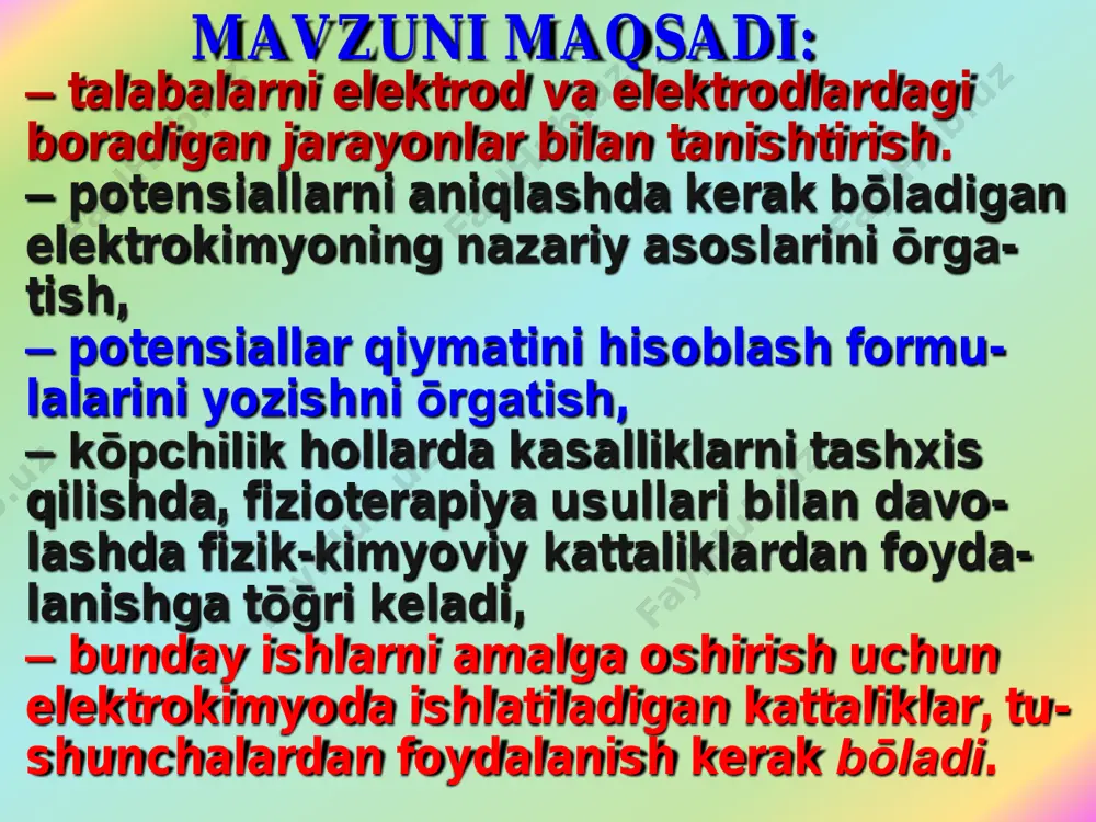 i va kuchsiz kislotalar aralashmasini kuchli asos bilan titrlash æ hcl + ch3cooh + naoh → e.n.1 e.n.2 v naoh, ml potensiometrik titrlash deb solishtir- ma elektrod va indikator elektrodlar- dan tuzilgan galvanik element tushiril- gan titrlanayotgan eritmaga ishchi eritmadan (titrantdan) ma„lum ulush- da qōshib borish bilan zanjirni eyuk- ni ōlchab, sōngra potensiometrik titr- lash egri chiziḡini orqali moddani kon- tsentratsiyasi yoki miqdorini aniqlash mumkin bōlgan usulga aytiladi. titrlashni maqsadi titrantni qōshiladigan ma'lum miqdori bilishdir chunki u bilan reaktsiyaga kirishayotgan moddani kimyoviy ekvivalent miqdori ōzaro boḡliqdir. bunday maqsadga ekvivalent nuqtada (en) erishiladi, bu nuqtada eritmadagi modda tu- gagan bōladi, demak en bilan titrlashni tu- gashi bir joydir. indikatorlar yordamida en aniqlash qiyin bōlgan hollarda, ya'ni loyqa, rangli, kōp jinsli, juda oz miqdorda kuchsiz elektrolit tutgan eritmalarni konsentratsiyalarini aniqlashda potensiometrik titrlash usulini qōllash qulay imkoniyatlarga ega. elektrodlar va turlari: elektrod bu – erituvchiga yoki eritmaga tushirilgan metall yohud elektron alma- shish …