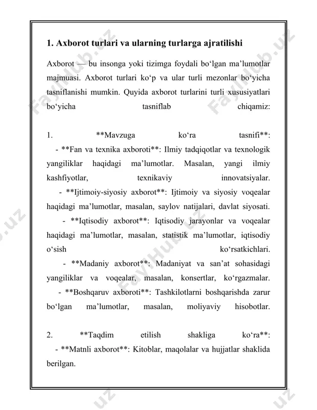 odatda, obro‘li tashkilotlar, rasmiy agentliklar va uzoq yillik tajribaga ega mualliflar tomonidan taqdim etiladi. masalan, xalqaro savdo statistikasi bo‘yicha jahon savdo tashkiloti (wto) ma’lumotlari, ilmiy tadqiqotlar bo‘yicha tan olingan jurnallarda chop etilgan maqolalar kabi. 2. **axborotning dolzarbligi va yangiligi**: har qanday ma’lumot to‘g‘ri bo‘lishi uchun, u yangilangan va dolzarb bo‘lishi kerak. ko‘pchilik sohalarda, masalan, texnologiya yoki moliya sohasida, tez o‘zgarishlar yuz beradi va eski ma’lumotlar eskirib qoladi. misol uchun, 2021-yil uchun iqtisodiy o‘sish haqidagi prognozlar 2023-yilda dolzarb bo‘lmasligi mumkin. 3. **ma’lumotlarga asoslanganlik**: axborot haqiqatdan dalolat beruvchi statistik va empirik ma’lumotlarga tayanishi kerak. misol uchun, biror mamlakatning iqtisodiy ko‘rsatkichlarini tahlil qilish uchun, rasmiy statistika ma’lumotlari (masalan, xalqaro valyuta jamg‘armasi yoki jahon banki through ma’lumotlar) ishlatiladi. 4. **solishtirish va verifikatsiya imkoniyati**: har qanday ma’lumot boshqa manbalar yordamida tasdiqlanishi mumkin bo‘lishi kerak. boshqa mustaqil va ishonchli manbalar orqali tasdiqlanmagan ma’lumotlar ishonchsiz hisoblanishi mumkin. masalan, yangiliklar tasdiqlangan bir nechta obro‘li yangilik agentliklari orqali tarqatilsa, …