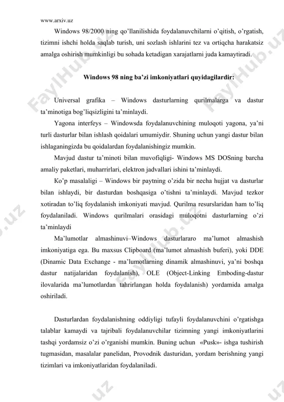 cha bo’ladi, ammo chapaqaylar uchun xuddi shu vazifada o’ng tugmachani ham belgilash mumkin (buning uchun boshqaruv panelidagi sichqoncha dasturidan foydalaniladi). ikkinchisi esa yordamchi tugmacha sifatida ishlatiladi. uni bosish bilan suzuvchi menyu chaqiriladi. ushbu menyu ajratilgan element uchun o’sha onda kerak bo’ladigan amallarni bajarishi mumkin. so’nggi paytlarda uchta: chap, o’rta va o’ng tugmachali sichqonchalar keng tarqalmoqda. o’rta tugmacha mavjud oynani tepa yoki pastga o’tkazish uchun ishlatiladi. shuni aytish lozimki, windows asosan sichqoncha bilan ishlasada, shu bilan birga uning ko’p amallarini tugmalar yordamida ham bajarish mumkin. windows 98/2000 ni yuklash windows bilan ishlash uchun, avvalo, u kompyuter xotirasiga chaqirilishi lozim. windows 98/2000 operasion tizim bo’lgani uchun ham u kompyuter ishga tushirilishi bilan yuklanadi va ekranda quyidagi ko’rinishga o’xshash oyna paydo bo’ladi: windowsning bu ekrani ish stoli deb ataladi. sizning odatdagi ish stolingizdagi hujjatlar, asboblar, yozuv qog’ozlari, kitoblar, ma’ruza matnlari va shu kabilar joylashganidek kompyuter ekranida ham ishlash uchun kerak bo’lgan ma’lumotlar joylashtiriladi. …