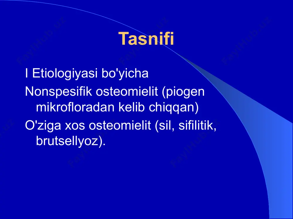 oz; v) bo'shliqlarda sekvestrlarning soyalari mavjudligi; d) osteoskleroz va osteoporoz sohalarining almashinishi; osteomiyelitik jarayon darajasida medullar kanalining lümeninin torayishi yoki to'liq yo'qolishi 2. fistulografiya. 20 surunkali osteomielitning rentgenogrammasi 21 tibia surunkali osteomiyelit 22 tovon suyagining surunkali osteomiyelitlari 23 surunkali osteomiyelit uchun jarrohlik 24 surunkali osteomiyelitning atipik shakllari bu birlamchi surunkali shakllar bo'lib, kasallikning boshlanishidan boshlab sust klinika bilan tavsiflanadi. ushbu shakllarning rivojlanishining sababi organizmning yuqori reaktivligi bo'lgan mikroblarning past virulentligidir. 25 atipik shakllar: brodi xo'ppozi ollie albuminli osteomiyelit garrening sklerozlovchi osteomiyelit 26 brodining xo'ppozi 27 28 osteomielit - suyak iligi, suyak to'qimasi, periosteum va uning atrofidagi yumshoq to'qimalarning osteoliz va osteonekroz bilan kechadigan yiringli-yallig'lanish kasalligi. osteomiyelitning ta'rifi osteomielit atamasi adabiyotga 1831 yilda reynaud tomonidan suyak sinishining yallig'lanish asoratini bildirish uchun kiritilgan. ba'zi mualliflarning "panostit", "osteit" kabi "osteomielit" nomini almashtirishga urinishlari muvaffaqiyatsiz tugadi va ko'pchilik jarrohlar asl atamaga amal qilishadi. suyak yallig'lanishi uzoq vaqtdan beri ma'lum. gippokrat, abu ali ibn sino, …