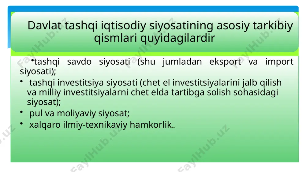 vlat tomonidan himoya qilinishi. 12 bojxona tariflari tashqi iqtisodiy faoliyatni tartibga solib turishning namunali quroli hisoblanib, u o’z faoliyati jihatidan iqtisodiyot mexanizmini bir maromda ushlab turish xusu-siyatiga ega. bojxona tarifi bir qancha vazifani bajaradi. • milliy ishlab chiqaruvchilarni norezidentlar tomondan raqobatga o’z ta’sir kuchini o’tkazishdan saqlaydi; • davlat byudjetiga moliya mablag’lari kelib tushishini ta’minlaydi; 2. tashqi iqtisodiy aloqalar, bojxona tarifi bir ustunli va ko’p ustunli tariflar. 13 bojxona tariflari deyilgandan soliq stavkalarining mufassal ro’yxati bo’yicha tovarlarga solinadigan bojxona soliqlari miqdori tushuniladi. soliq ko’rsatib o’tilgan stavkalar bo’yicha olinadi. stavkalar miqdori bir ustunli yoki ko’p ustunli bo’lishi mumkin: • bir ustunli tariflar – tovarning qaysi mamlakatda ishlab chiqarilishidan qat’i nazar belgilangan bir stavka miqdoridagi soliq turi; bu soliq turi asosan kam rivojlangan mamlakatlar uchun qo’llaniladi. • ko’p ustunli tariflar – ishlab chiqarilgan tovar qaysi mamlakatga te-gishli ekaniga qarab har bir tarif mavqei o’rniga bir necha stavka qilib belgilangan (qoidaga binoan uch-to’rt stavka) …