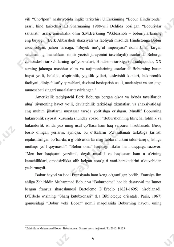 ng 1854-yili parijda “hozirda va qadimda yashagan tarixiy shaxslar hayoti” nomli katta kitob chop qilinadi. mazkur kitobdan sharqshunos m.langle (1763-1824) ning “zahiriddin bobur hayoti va ijodi” nomli maqolasi ham o‘rin olgan edi. maqolada bobur haqida avvalgi manbalarga nisbatan ancha boy ma’lumot berilgan bo‘lib, o‘quvchi undan adib hayoti va ijodi to‘g`risida chuqurroq bilim olishga muvaffaq bo‘ladi. boburning hayoti va ijodi fransuz kitobxonini tobora qiziqtirib bormoqda edi. fransuz olimlari so‘nggi yillarda bobur to‘g`risida tez-tez maqolalar chop ettirar, kitoblar nashr qildirardi. zahiriddin muhammad bobur merosini o‘rganish, “boburnoma”ni tarjima va lisoniy tarjima qilishda fransuz turkologi anri pave de kurteyl (1821-1889)ning xizmatlari alohida tahsinga loyiq. fransuz kolleji (college de france) turkiy tillar kafedrasi mudiri, fransuz akademiyasi a’zosi, sankt-peterburg fanlar akademiyasi muxbir a’zosi bo‘lgan pave de kurteyl vatani fransiyada turkologiya ilmining rivojlanishiga ulkan hissa qo‘shdi. professor a.pave de kurteylning olimlik faoliyatida u tuzgan “sharqiy-turkiy tillar lug`ati” (“dictionnaire de turc orientale”. –paris, 1870) yohud “alisher navoiy, zahiriddin …