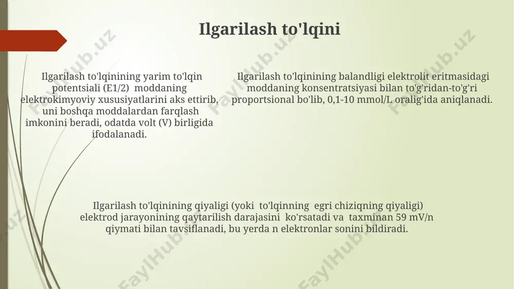 imkon beradi. elektrokimyoviy jarayonlarning samaradorligi elektrod sirtining holati, eritmaning ion kuchliligi va temperatura kabi omillarga, masalan, 25°c da bog'liqdir. afzalliklari va kamchiliklari ushbu usul nisbatan oddiy va arzon jihozlarni talab qiladi, lekin tahlil natijalariga kislorodning aralashuvi va diffuziya jarayonlarining murakkabligi ta'sir qilishi mumkin. polarografiya usuli yuqori sezuvchanlikka ega bo'lib, 10⁻⁵ mol/l gacha bo'lgan konsentratsiyalardagi moddalarni aniqlash imkonini beradi, bu uni iz elementlarini tahlil qilishda juda samarali qiladi. polarografiya usuli yuqori sezuvchanlikka ega bo'lib, 10⁻⁵ mol/l gacha bo'lgan konsentratsiyalardagi moddalarni aniqlash imkonini beradi, bu uni iz elementlarini tahlil qilishda juda samarali qiladi. qoplama oqimi qo'shaloq qatlamli diffuziya oqimining qiymati ilkovic tenglamasi yordamida hisoblanadi va diffuziya koeffitsienti, elektrod yuzasi va analitning konsentratsiyasi kabi parametrlarga bog'liq. qo'shaloq qatlamli oqim, polarografiyada analitning konsentratsiyasini aniqlash uchun ishlatiladigan asosiy signal bo'lib, uning balandligi to'g'ridan-to'g'ri konsentratsiya bilan proportsionaldir. qo'shaloq qatlamli diffuziya oqimi, elektr kimyoviy reaktsiyalar natijasida hosil bo'ladi va taxminan 10⁻³ - 10⁻⁵ a oralig'ida o'zgaradi, analitning …