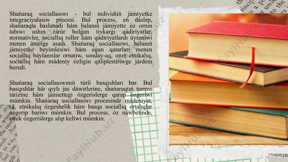 ar menen baylanıslı. bunday ózgerisler jámiyettegi uliwma sociallıq, siyasiy hám ekonomikalıq ózgerisler menen tıgız baylanıslı. oilada bolalar öz etnik i jámiyette globallasıw, migraciya hám mádeniy baylanıslardıń artıwı nátiyjesinde shańaraq sociallasıwı procesinde etnikalıq toparlar ortasında óz ara tásirler kúsheyedi. etnikalıq ózgerisler, geyde jana túrdegi identifikaciyalar hám óz ara mádeniy baylanıslar qáliplesiwine alıp keledi. shańaraq sociallasıwı arqalı individler óziniń etnikalıq kimligin tusiniw hám jámiyette ózin qalay tutıw kerekligin úyrenedi. sonıń menen birge, etnikalıq ózgerisler balalardıń kózqaraslarına tásir etip, jańa etnikalıq hám mádeniy identifikaciyalardı jaratadı.etnikalıq identifikaciya shańaraqtaǵı sociallasıw procesiniń áhmiyetli bólegi esaplanadı. ata-analar, shanaraqtıń basqa agzaları hám jámiyettegi etnikalıq toparlar, individtiń etnikalıq ózligin qáliplestiriwde úlken rol oynaydı. etnikalıq identifikaciya, insannıń ózin qaysı etnikalıq toparǵa tiyisli ekenligin ańlawın, sol topardıń mádeniy qádiriyatların hám tilin úyreniwin bildiredi. shańaraq sociallasıw procesinde photo by anjali mehta on unsplash shańaraq sociallasıwı procesinde úyreniletuǵın etnikalıq ózgeshelikler, sociallıq hám mádeniy ózgerislerge qarap ózgeredi. ózgerisler jámiyettegi jańa migraciya tolqınları, mádeniy tásirler, …