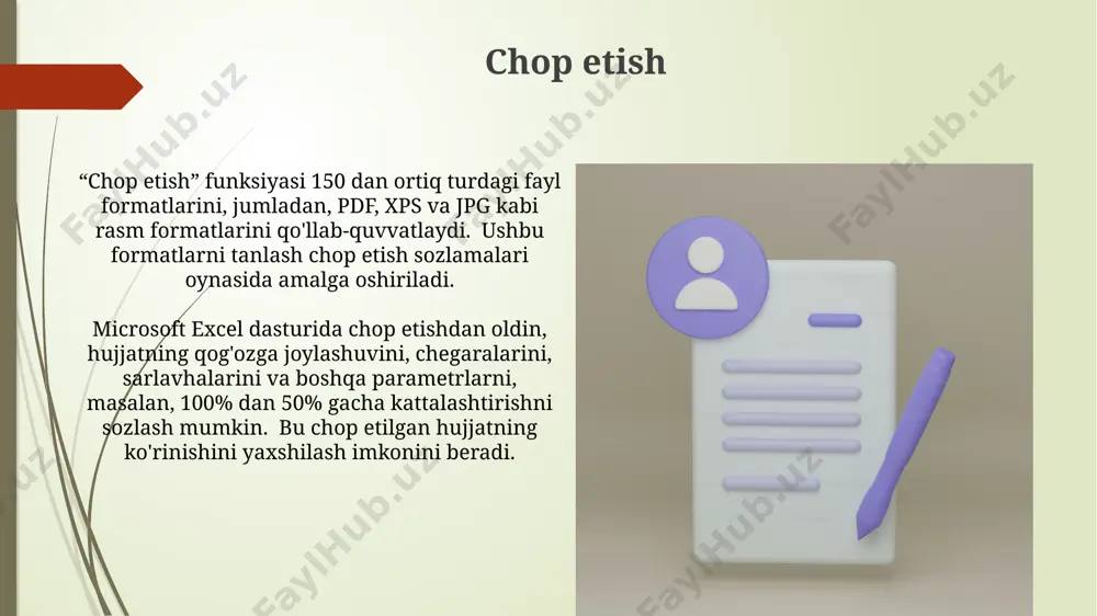 etrlari” ichida "saqlash joyi" parametri faylni saqlash joyini tanlash imkonini beradi, masalan, one drive, google drive, mahalliy disk yoki boshqa bulut xizmatlarida, bu esa 1000 dan ortiq fayllarni tashkil qilishga yordam beradi. excel parametrlari orasida "chop etish" parametri hujjatni printer sozlamalari, sahifa yo'nalishi (portret yoki landshaft), chegaralar va boshqa chop etish parametrlari bilan chop etish imkonini beradi, bu yerda 1 dan 100 gacha sahifalarni tanlash mumkin. fayl menyusiga kirish fayl menyusidagi "chop etish" buyrug'i hujjatni printerga yuborishdan oldin, sahifa parametrlari, chegaralar, sarlavhalar va boshqa 5 ta parametrlarni sozlash imkoniyatini beradi. fayl menyusidagi "saqlash" va "saqlash kabi" buyruqlari faylingizni turli formatlarda (xlsx, xls, csv va boshqalar) saqlash imkonini beradi, bu esa 10 dan ortiq fayl turini qo'llab-quvvatlaydi. saqlash joyini o'zgartirish "saqlash joyini o'zgartirish"da fayl nomi uzunligi 255 belgidan oshmasligi kerak, aks holda xatolik yuz berishi mumkin, shuningdek, maxsus belgilarni ishlatishda ehtiyot bo'lish lozim. "saqlash joyini o'zgartirish" funksiyasi faylni kompyuterdagi 100 gb …