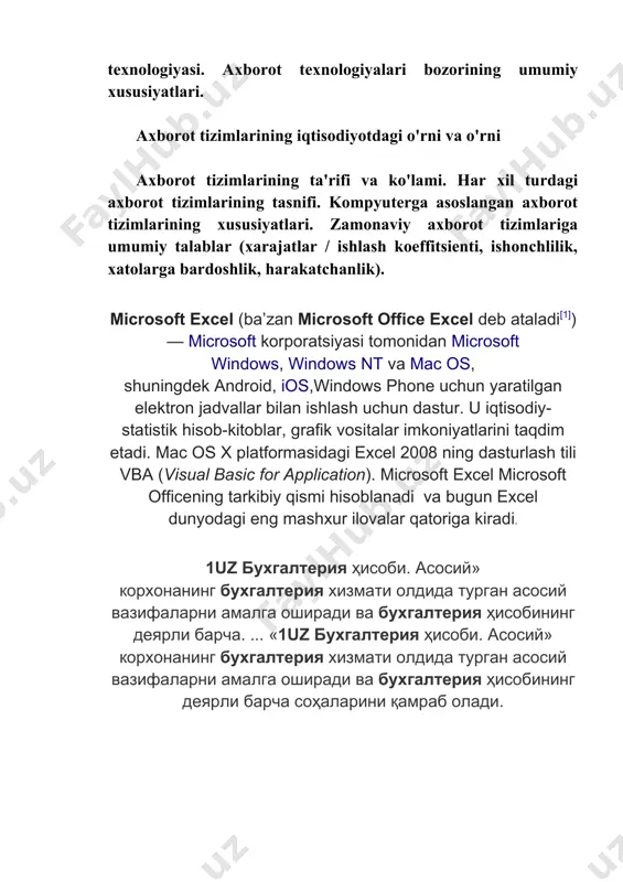 g yordamida siz osongina hisob-kitoblarni amalga oshirishingiz, ma'lumotlarni saqlashingiz, hisobotlar tuzishingiz, diagrammalar va grafikalar tuzishingiz mumkin. excel qanday xususiyatlarni taqdim etadi? microsoft office excel ko'p funktsiyali bo'lib, uning ko'lami ushbu dasturni bilish darajangizga bog'liq. eng asosiylarini quyidagi ro'yxatda ajratish mumkin: raqamli ko'rsatkichlar bilan ishlash. masalan, turli xil tashkilot byudjetlarini tuzish. matn bilan ishlash. asboblarning keng doirasi matn bilan ishlashning rivojlangan qobiliyatini ta'minlaydi. diagrammalar va grafikalar yaratish. diagrammalar va grafikalar bilan sizning hisobotlaringiz yanada jonli va ravshanroq bo'ladi. diagramma va chizmalar yaratish. grafik va diagrammalardan tashqari excel ma'lumotlaringizni diagramma va rasmlarga ingl. ro'yxatlar va ma'lumotlar bazalarini tashkil etish. o'zingizning sxemalaringiz va ma'lumotlar bazalarini kerak bo'lganda tartibga solishingiz mumkin. ma'lumotlarni import qilish va eksport qilish. shunga o'xshash vazifalarni avtomatlashtirish. siz har kuni bajaradigan umumiy va ko'p vaqt talab qiladigan vazifalaringizni makrolar yordamida avtomatlashtirish mumkin. boshqaruv panellarini yaratish o'rnatilgan dasturlash tili. o'rnatilgan visual basic for applications (vba) dasturlash tili dasturga cheksiz imkoniyatlar beradi. …