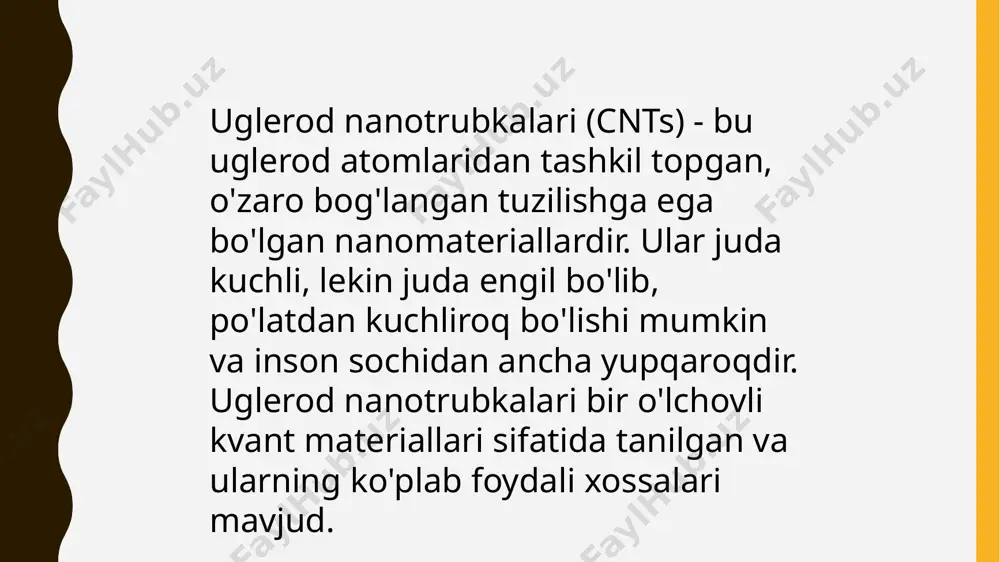 notrubkalar esa semikondiktor sifatida ishlashi mumkin, bu esa ularni elektron qurilmalarda qo'llash imkoniyatini beradi. - qattiq va yumshoq xossalar: nanotrubkalar elektr maydonlaridan ta'sirlanishi mumkin, bu esa ularning xossalarini o'zgartirishi mumkin. uglerod nanotrubkalarining tuzilishi va strukturasi uglerod nanotrubkalari grafen nomli materialdan hosil bo‘ladi. grafen — bu yagona qatlamli uglerod atomlarining olma daraxti shaklida joylashgan ikki o‘lchovli tuzilishi. nanotrubkalar esa grafen qatlamining silindrik shaklga o‘ralishi natijasida yuzaga keladi. uglerod nanotrubkalarining mexanik xossalari uglerod nanotrubkalari juda yuqori mexanik kuchga ega. ular eng mustahkam materiallardan biri hisoblanadi. bir devorli uglerod nanotrubkalarining mexanik kuchi yuqori darajada bo‘lib, ular tabiiy materiallarga qaraganda taxminan 100-1000 baravar kuchliroq. mexanik mustahkamlik: nanotrubkalar yuqori kuchlanishlarga bardosh bera olishadi. bu ularni kompozit materiallar sifatida ishlatishga imkon beradi (masalan, samolyotlar, avtomobillar, yoki sport asboblarida). yengilligi: ularning massasi juda past bo‘lib, har qanday mexanik tizimga engil vazn qo‘shish imkonini beradi. kafolatlangan egilish va elastiklik: nanotrubkalar elastik xossaga ega, ya'ni ular egilib, shikastlanmasdan asl …