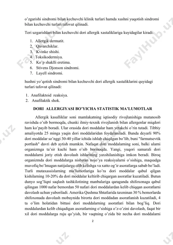 r keltirib chiqargan asoratlar kuzatiladi. butun dunyo sog’liqni saqlash tashkilotining manbalariga qaraganda shifoxonaga qabul qilingan 1000 nafar bemordan 50 nafari dori moddalardan kelib chiqqan asoratlarni davolash uchun yuboriladi. amerika qushma shtatlarida taxminan 30 % bemorlarda shifoxonada davolash mobaynida birorta dori moddadan asoratlanish kuzatiladi, 4 ta o’lim holatidan bittasi dori moddalarning asoratlari bilan bog’liq. dori moddalardan kelib chiqadigan asoratlarning o’sishiga o’z-o’zini davolash, faqat bir xil dori moddalarga ruju qo’yish, bir vaqtning o’zida bir necha dori moddalarni qabul qilish sabab bo’ladi. masalan, bir vaqtning o’zida 8 xil dori qabul qilinganda 10% bemorlarda asoratlar kuzatilgan bo’lsa, 16 xil dori moddalarni qabul qilinganda esa bu raqam 40%ni tashkil qiladi. respublikamizda katta yoshdagilar orasida dori moddalar tufayli kelib chiqqan allergiya o’rtacha 1000 ta aholidan 2 tasiga to’g’ri keladi. dori moddalarning nojo’ya ta’sirlari shifoxonada davolanayotgan bemorlarning 8 %ida, ambulator sharoitida davolanayotganlarning esa 1,5% da qayd etilgan. dori moddalariga allergiyalar shifoxonalarning turli bo’limlarida (ichki kasalliklar, jarrohlik, ginekologiya) …