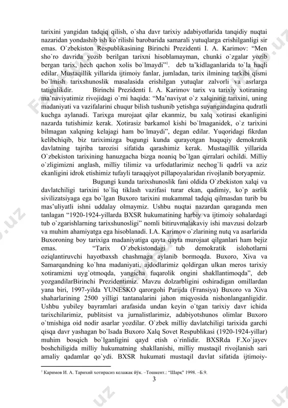 h sari amaliy qadamlar qo`ydi. bxsr hukumati mustaqil davlat sifatida ijtimoiy-iqtisodiy, siyosiy va harbiy islohotlar olib bordi. yangicha va demokratik, zamonaviy davlat qurish g`oyalarini baland ko`tarib chiqdi va sho`ro mustamlakachiligi tahdid solib turgan bir davrda milliy mustaqil davlat sifatida boshqa davlatlar bilan teng huquqli aloqalar o`rnatdi. mustaqillik yillarida buxoro xalq sovet respublikasining tarixini, o`sha davrlarda kechgan ijtimoiy-siyosiy jarayonlarni, iqtisodiy-madaniy rivojlanish xususiyatlarini yangicha tafakkur nuqtayinazaridan yoritgan talaygina asar va maqolalar yaratildi. mavzuning ob’ekti va predmeti bxsr mavjud bo`lib turgan davrdagi mahalliy matbuot materiallari, bxsr davlat va siyosat arboblari maqola va asarlari, mustaqillik davri matbuot materiallari, asarlari, tarixshunos olimlarning maqolalaridan tanqidiy nuqtai nazardan foydalanib ularni tahlil etishdir. mavzuning maqsad va vazifalari. mavzusini o`rganishda ilmiy metodologiya asosida o`rganish maqsadi qo`yildi. qo`yilgan maqsaddan kelib chiqib, quyidagi vazifalar belgilandi: buxoroda amirlik va bxsr yillarida harbiy soha rivojini qiyosiy tahlil qilish; bxsr harbiy yo`nalishiga oid masalalarning istiqlol davri asarlarida yoritilishini o`rganish; bxsrda maishiy hayot va xotin-qizlar …