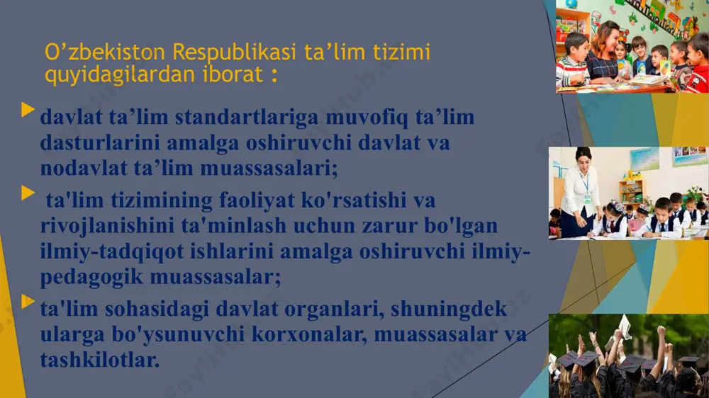 quyidagilar kiradi : davlat ta’lim standartlarini tasdiqlash; davlat standartidagi ta’lim to‘g‘risidagi hujjatlarni tasdiqlash va ularni berish tartibini belgilash; davlat kafillari sonini va ta’lim muassasalariga qabul qilish tartibini belgilash; davlat oliy ta’lim muassasalari rektorlarini tayinlash; talabalarni akkreditatsiya qilingan bir ta’lim muassasasidan boshqasiga o‘tkazish tartibini belgilash; qonun hujjatlariga muvofiq boshqa vakolatlar. xalq ta’limi vazirligi (xtv) va oliy va o‘rta maxsus ta’lim vazirligi (oo‘tm) o‘zbekistonda ta’lim muassasalari faoliyatiga bevosita rahbarlik qilish ikki tarmoq vazirliklari – xalq ta’limi vazirligi (xtm) va oliy va o‘rta maxsus ta’lim vazirligi (oo‘tm) tomonidan amalga oshiriladi. xtv maktabdan tashqari ta'lim muassasalari va umumta'lim maktablari faoliyati uchun javobgardir. xtv o'qituvchilar malakasini oshirish bo'yicha 5 ta universitet va 16 institutga mas'uldir. vazirlik tasarrufidagi hududdagi tegishli ta’lim muassasalari faoliyatiga uslubiy rahbarlik qilish funksiyalarini amalga oshiradigan viloyat, tuman va shahar xalq ta’limi boshqarmalari mavjud. oo‘tm – respublikada oliy va o‘rta maxsus, kasb-hunar ta’limiga rahbarlik qiluvchi davlat organi. vazirlik o‘z faoliyatida o‘zbekiston respublikasi vazirlar …
