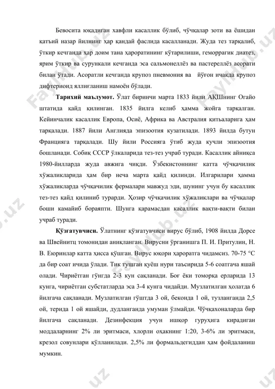 nadi. dezinfektsiya uchun ishqor guruhiga kiradigan moddalarning 2% li eritmasi, xlorli ohakning 1:20, 3-6% li eritmasi, krezol sovunlari qo'llaniladi. 2,5% li formaldegiddan ham foydalanish mumkin. iqtisodiy zarar. kasal cho'chqalar davolanmay go'sht uchun so'yilishi tufayli juda katta iqtisodiy zarar keltiradi. karantin chora-tadbirlari ham katta mablag' sarflashni taqozo etadi. o'lim 90-100 foiz bo'lib, katta yoshdagi cho'chqalarda 70-80 foizni tashkil etadi. epizootologiyasi. tabiiy sharoitda cho'chqalar yoshi va zotidan qatiy nazar kasallanadi. har qanday faslda uchrayveradi. kasallik bevosita alimentar, ya'ni oziq-ovqat orqali, nafas yo'llaridan, erni tumshuq bilan titkilab, yorib ketganda yuqadi. kasallik qo'zg'atuvchisining manbai kasal va virus tashuvchi cho'chqalar hisoblanadi. surunkali kasallangan, rekonvalestsent, atipik holatdagi kasal cho'chqalar kasallik tarqatishda o'ta xavflidir. chunki ular e'tibor berilmasdan ajratib olinmaydi va uzoq vaqt virus tarqatuvchi bo'lib yuraveradi. bular o'z navbatida har xil sekret va ekskretlari (siydik, najas, ko'z yoshi va hokazolar) bilan virusni tashqi muhitga chiqarib turadi. kasallikning kelib chiqishida go'shtxonalardan chiqqan chiqindilar ham ma'lum darajada rol …