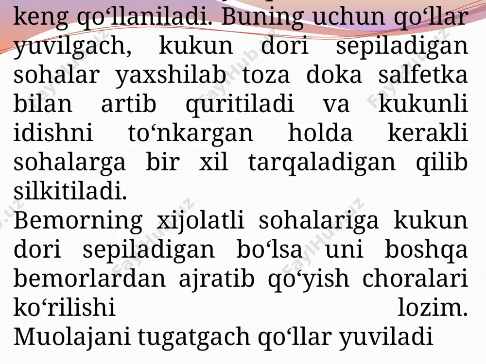 ushirish uchun quloq suprasi bir necha marta bosiladi, bunda bemorning og‘zida dori ta'mi hosil bo‘lishi mumkin. dorining quloqdan oqib chiqmasligi uchun bemor 25-30 daqiqa shu vaziyatda yotishi kerak, keyin quloqni steril paxta bilan artiladi. quloqdan yiring ajralayotgan bo‘lsa, moy dori tomizish mumkin emas ayollar jinsiy a'zolariga dorilarni kakao moyidan tayyorlangan sharchalar, turli suyuqliklar va moylar shimdirilgan paxta-doka tamponlar, kukunlar (prisipkalar), surtish va chayish uchun ishlatiladigan eritmalar ko‘rinishida kiritiladi. dorilarning ta'siri asosan mahalliy bo‘ladi, chunki qinning shikastlangan shilliq pardasi orqali moddalar juda oz so‘riladi. qinni issiq suyuqlik bilan chayish uchun ayol avval hojatga borib kelishi va qovug‘ini bo‘shatishi kerak. muolaja vaqtida bemor chalqancha yotiqiziladi va tagiga sudno qo‘yiladi. oldindan qaynatilgan shishadan yasalgan uchligi bor esmarx krujkasi 45°c li qaynagan suv (yoki tayinlangan donning kuchsiz eritmasi) bilan to‘ldiriladi. krujkani karavot sathidan ko‘pi bilan bir metrga ko‘tariladi, bemordan sonlarini kerish so‘raladi va uchlikni qinga uning orqa devori bo‘ylab kiritiladi, ayni vaqtda suyuqlik qin …