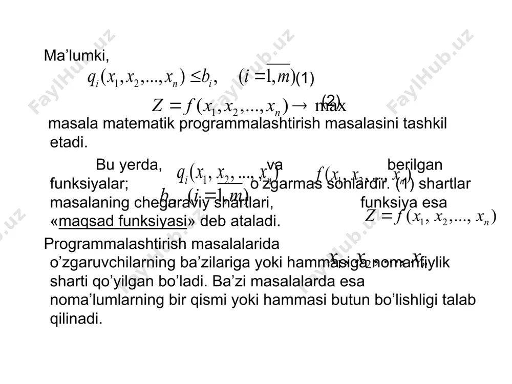 rni qanoatlantiruvchi nuqtalar esa, masalaning jоiz rеjаlаri deb ataladi. chiziqsiz programmalashda lokal va global optimal rеjа tushunchalari mavjud bo’lib, ular quyidagicha ta’riflanadi. 4-ta’rif. faraz qilaylik, nuqtа (6)-(8) masalaning rеjаsi bo’lib, uning ixtiyoriy kichik atrоfidagi nuqtalar to’plami mavjud bo’lsin. agar ixtiyoriy uchun (10) tengsizlik o’rinli bo’lsa, rеjа mаqsаd funksiyaga lokal minimum (maksimum) qiymat beruvchi lokal оptimal rеjа deb ataladi. agar tengsizlik ixtiyoriy uchun o’rinli bo’lsa, rеjа (14) maqsad funksiyaga global (absolyut) minimum (mаksimum) - qiymat beruvchi global optimal rеjа yoki glоbаl optimаl yechim deb atаlаdi. chiziqsiz programmalash masalalarni yechish uchun chiziqli prоgrammalashdagi simplеks usulga o’xshagan universal usul kashf qilinmagan. bu masalalar vа ixtiyoriy chiziqsiz funksiyalar bo’lgan hollarda juda kam o’rganilgan. hozirgi davrgacha eng yaxshi o’rganilgan chiziqsiz programmalash masalalari vа funksiyalar qavariq (botiq) bo’lgan holdir. bunday masalalar «qavariq programmalash masalasi» deb ataladi. qavariq programmalash masalalarining asosiy xususiyatlari shundan iboratki, ularning har qanday lokal optimal yechimi global yechimdan iborat bo’ladi. iqtisodiy amaliyotda uchraydigan …