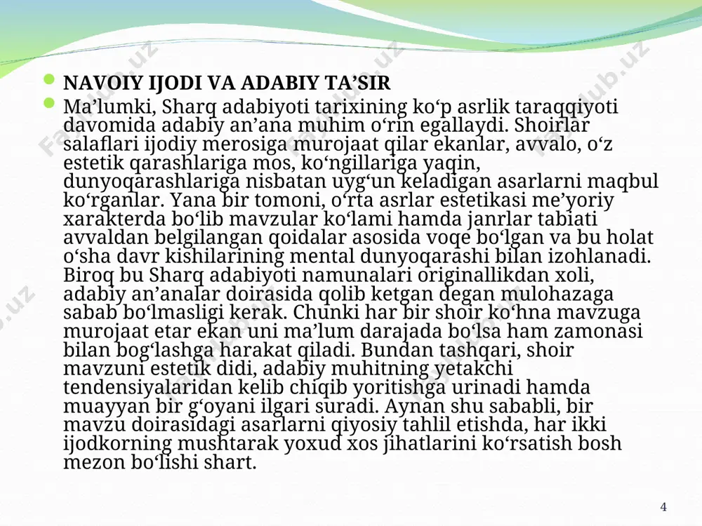 mi bilan ham yuritiladi. shoir hayotining so’nggi yillarida bir nechta musibatlar ro’y berdi. alisher navoiyning yaqin do’sti va ustozlarii sayyid hasan ardasher(1489), abdurahmon jomiy (1492), pahlavon muhammad (1493) ketma-ket vafot etishadi. shoir ular xotirasini abadiylashtirish maqsa-dida «holoti sayyid hasan ardasher», “хamsat ul-mutahayyirin”, “holoti pahlavon muhammad” nomli nasriy asarlarini bitadi. alisher navoiy nafaqat mutafakkir shoir, yetuk xamsanavis, iste’dodli nosir, mohir tarixchi sifatida balki adabiyotshunos olim sifatida ham mashhurdir. uning bir qator asarlari o’z davri adabiyotshunoslik ilmi muammolariga bag’ishlangan bo’lib, bugungi kunda ham o’z ilmiy qimmatini saqlab turibdi. she’riy janrlar, vaznlar, o’z davri adabiy muhiti tahliliga bag’ishlangan «risolai mufradot dar fanni muammo» ((1491)), «mezon ul-avzon» (“vaznlar o’lchovi”) (1492) nomli risolalari, «majolis un-nafois» (“nafis majlislar”) (1491-1492) tazkirasi bunga misol bo’la oladi. *