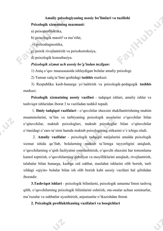 alar va suhbatlar uyushtirish, anjumanlar o’tkazishdan iborat. 2. psixologik profilaktikaning vazifalari va bosqichlari psixoprofilaktika amaliyotchi psixolog faoliyatining maxsus turi bo’lib, maktabdagi barcha o’quvchilar uchun shart-sharoitlarni yaratishdan iborat. psixologik profilaktikaning vazifalari quyidagilarni tashkil etadi: 1. shaxsning muayyan sharoitga moslashishi (ko’nikishi)ga oid (adaptasion) ishlarni olib borish: a) maktabgacha yoshdagi bolalarning bog’cha sharoitiga moslashishi (buning uchun ijtimoiy moslashish bilan bog’liq bo’lgan maxsus guruhlar tuzish, nevrotik holatlarni bartaraf qilish, tarbiyasi qiyin bolalar bilan va ularning ota-onalari, tarbiyachilari bilan alohida ishlashni tashkil qilish); 6) o’rta umumta’lim va yangi tipdagi (innovasion) maxsus maktablar (gimnaziya, lisey, kollejlar) o’quvchilarini mazkur muhitga moslashish xususiyatlari. 2. bolalarni birinchi bosqichli ta’limga qabul qilishda qatnashish, ularni maktab ta’limiga psixologik tayyorgarlik darajasini aniqlash, o’qituvchilar bilan hamkorlikda o’quvchilar bilan individual (yakka tartibda) ishlash dasturini ishlab chiqish, yangi tipdagi maktablarga, xususan kollej, lisey va gimnaziyalarga o’quvchilar qabul qilishda faol ishtirok etish. 3. o’quvchilarni ta’limning bir bosqichidan ikkinchisiga o’tkazishning kompleks psixologik-pedagogik tadqiqotida bevosita qatnashish, shuningdek, lisey …